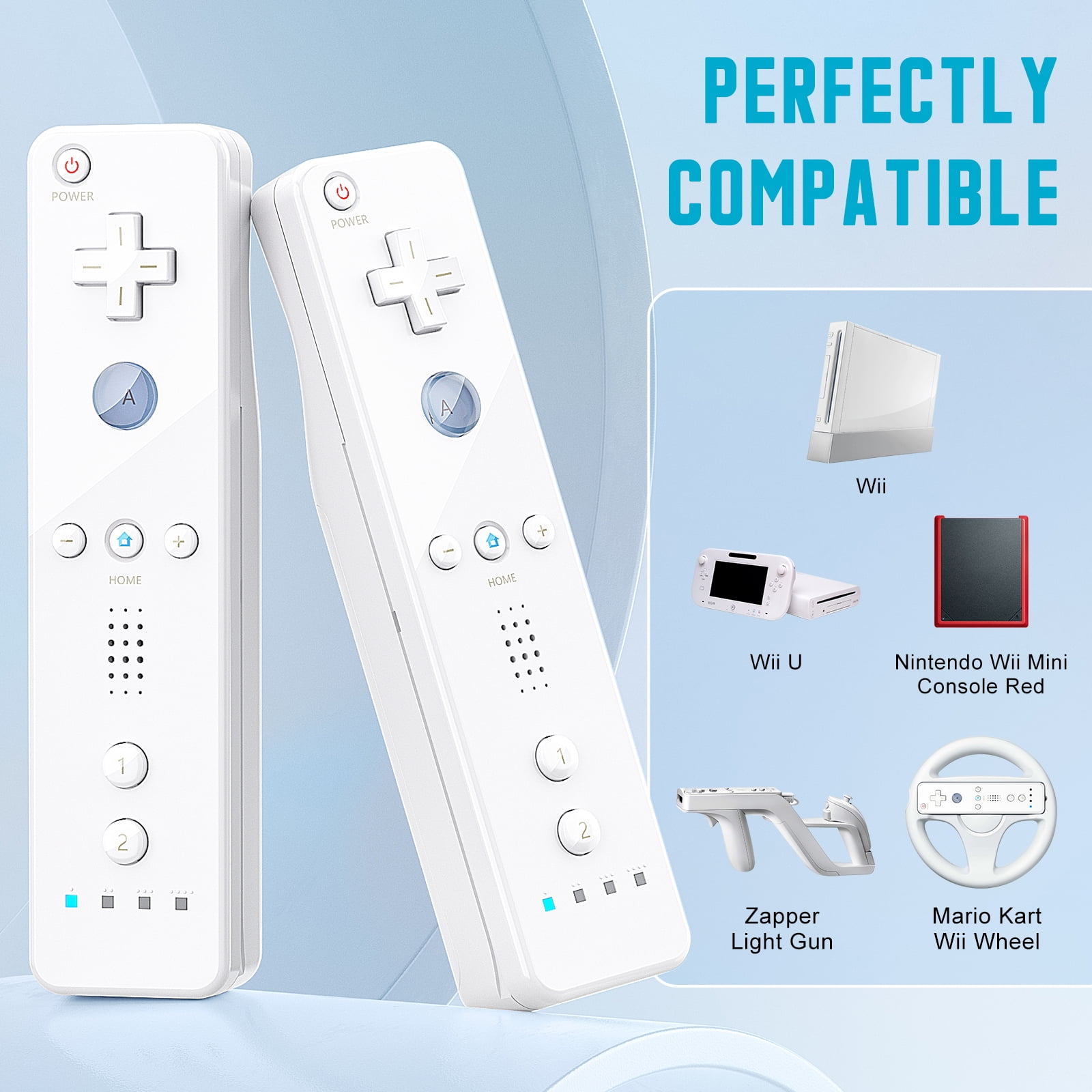 Zwei weiße Wii-Fernbedienungen und Zubehör, mit Wii, Wii U und anderen Konsolenbildern.