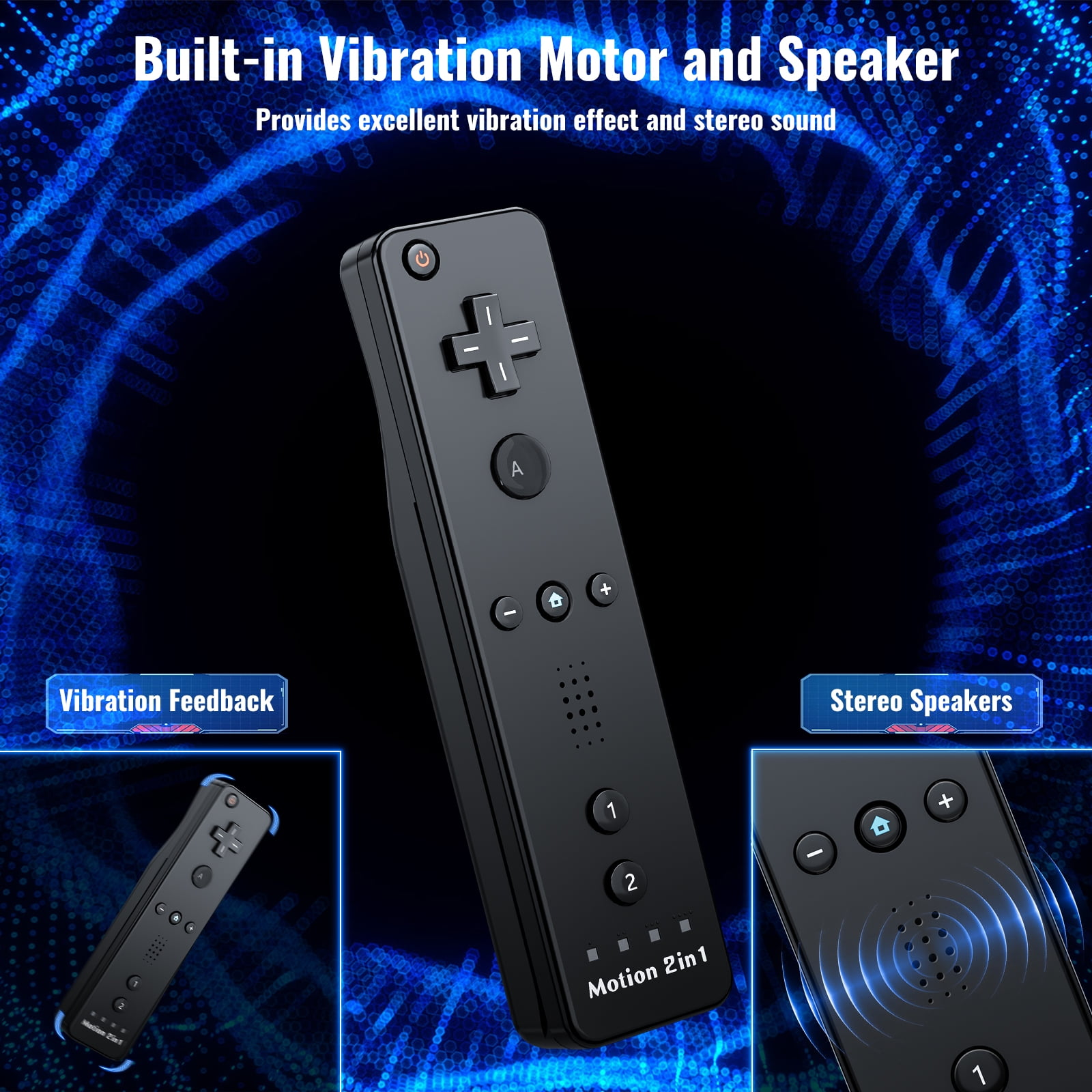 Ein schwarzer Gamecontroller mit Tasten und einem Steuerkreuz. Verfügt über Vibrations-Feedback und Stereolautsprecher.