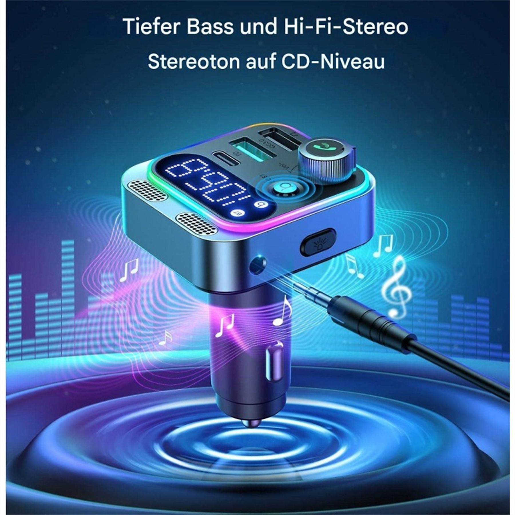 Bluetooth-Auto-Adapter mit Digitalanzeige und USB-Anschlüssen. Umgeben von Noten.