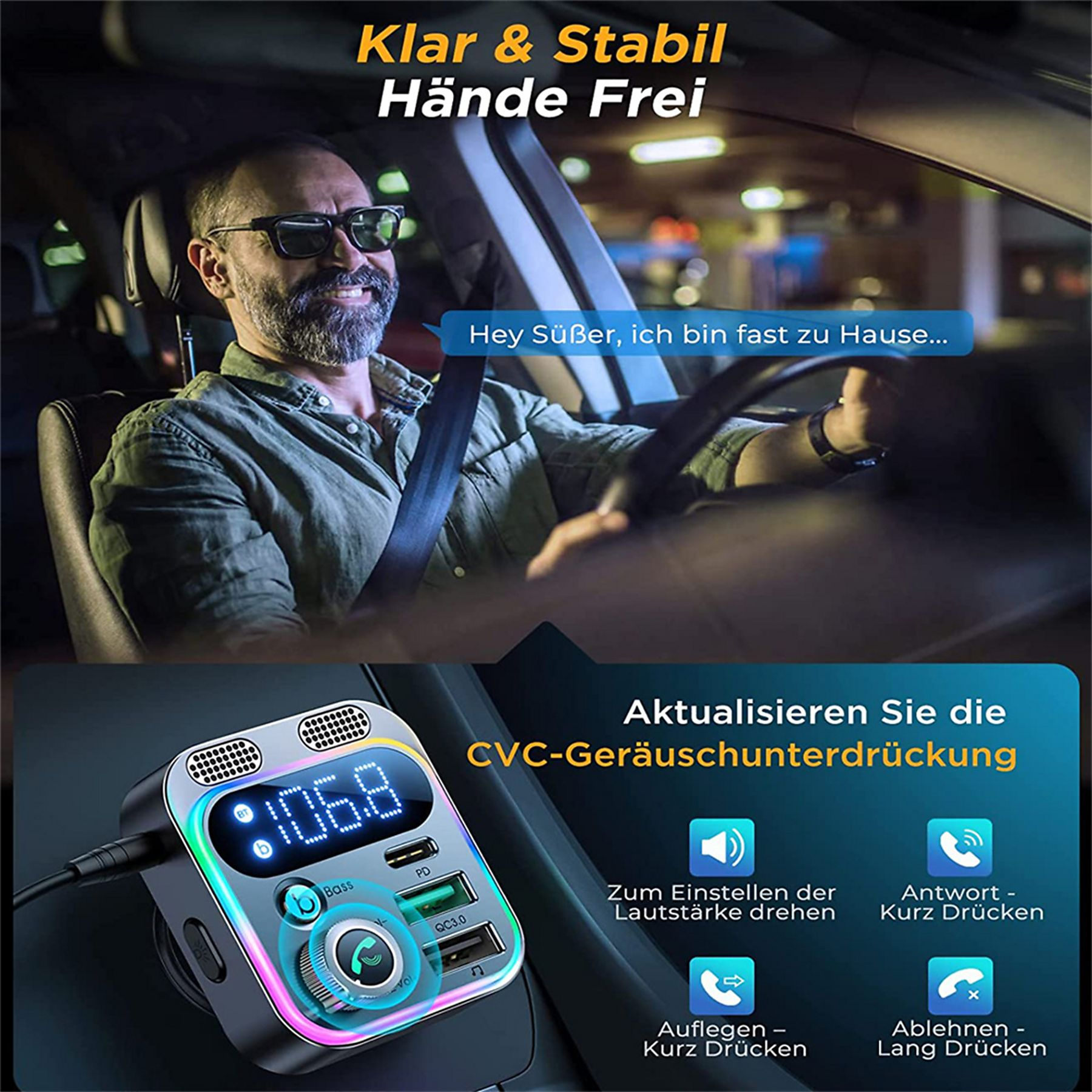 Mann im Auto mit Bluetooth-Gerät. Gerät zeigt Songinfo. Text sagt: 'Hey Süße, ich bin fast zu Hause'.
