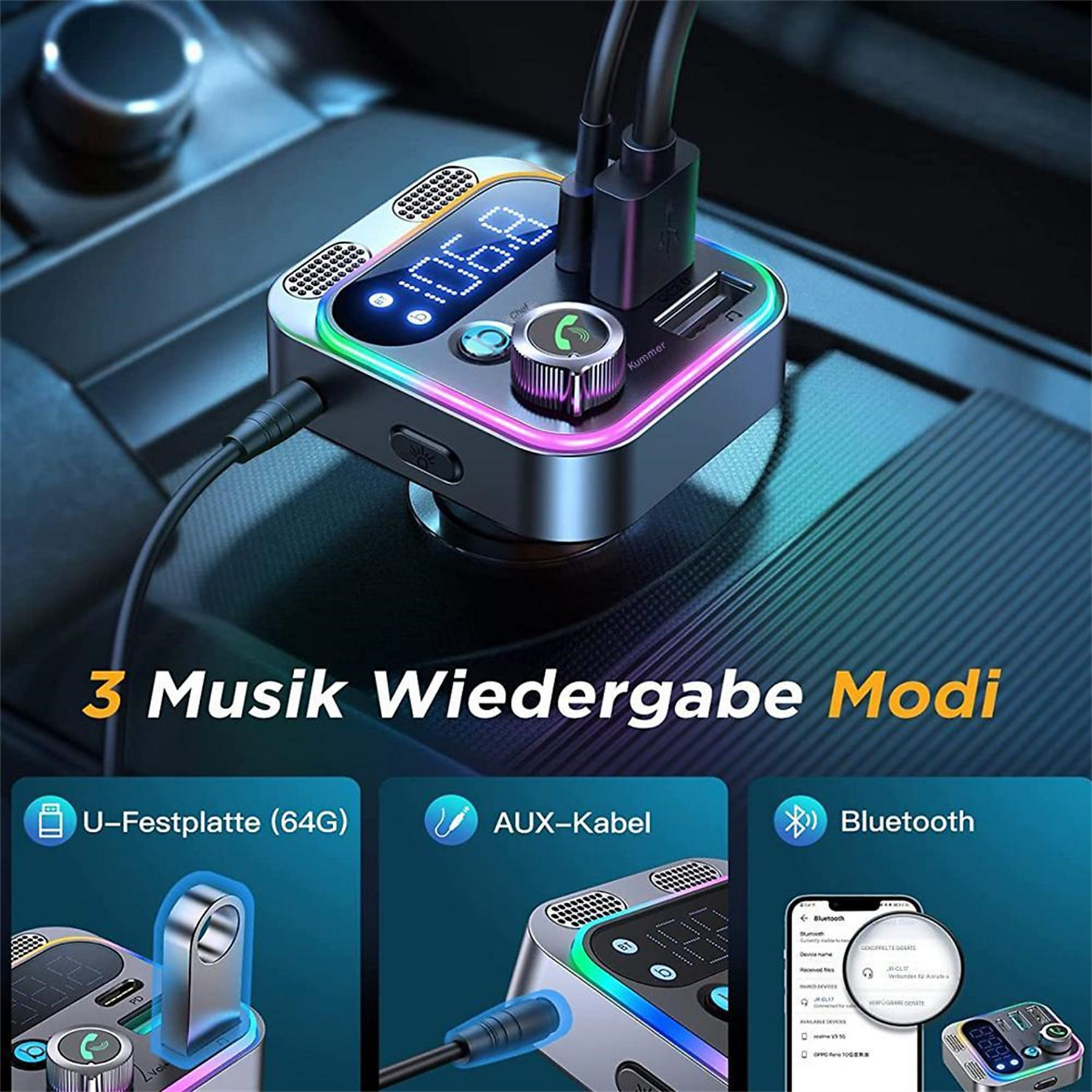 Ein schwarzes Autozubehör mit verschiedenen Anschlüssen: USB, AUX und Bluetooth, mit Text.