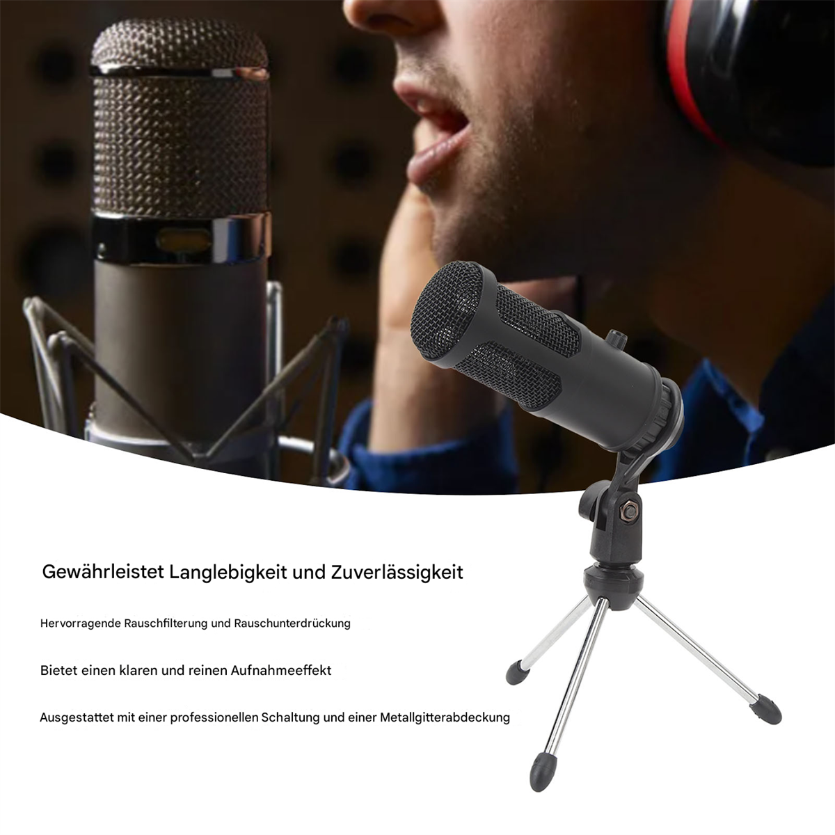 Ein schwarzes Mikrofon auf einem Stativ, im Hintergrund spricht eine Person.