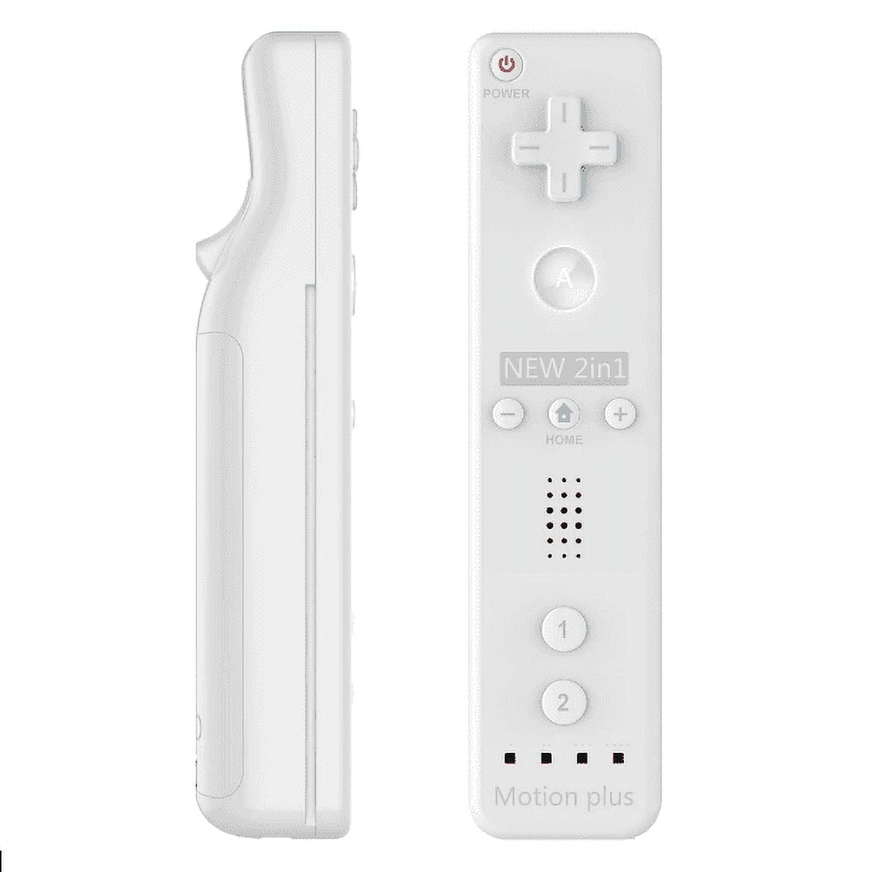 Zwei weiße Nintendo Wii-Fernbedienungen, eine zeigt die Seite, die andere Knöpfe.