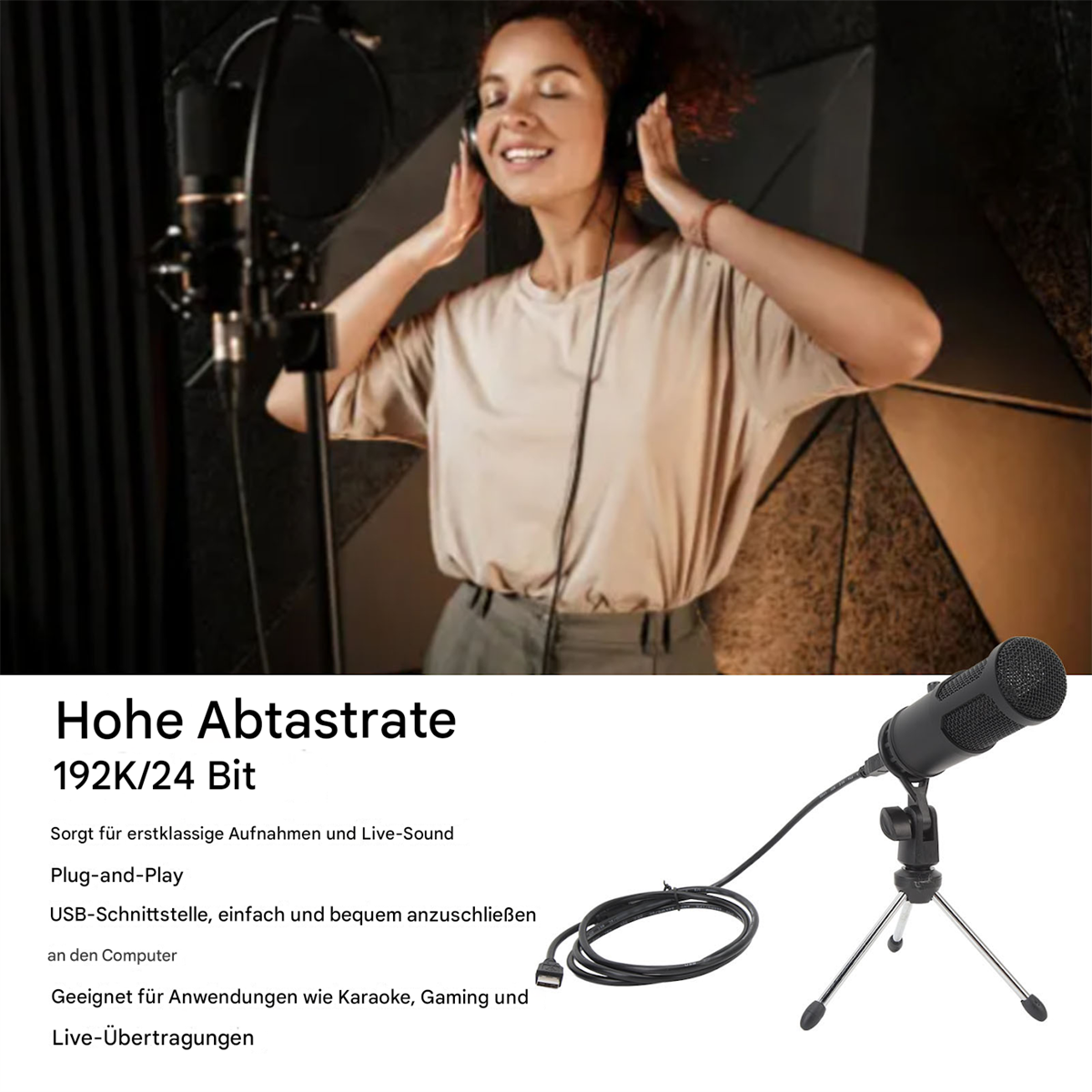 Eine Frau im Aufnahmestudio mit Mikrofon und Tontechnik.