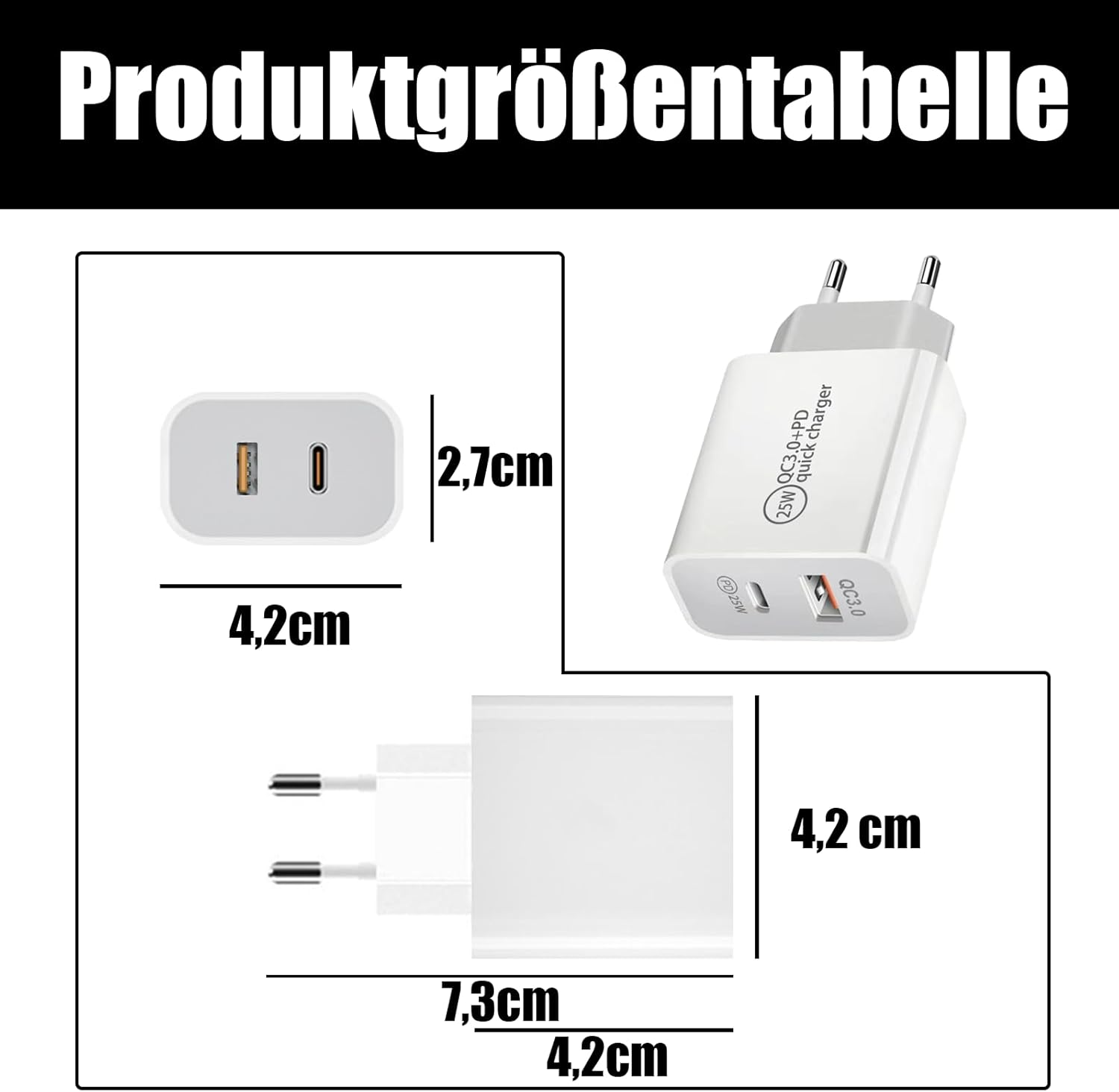 Ein weißes Ladegerät mit USB-C-Anschluss und den Maßen 4,2 cm, 2,7 cm und 7,3 cm.