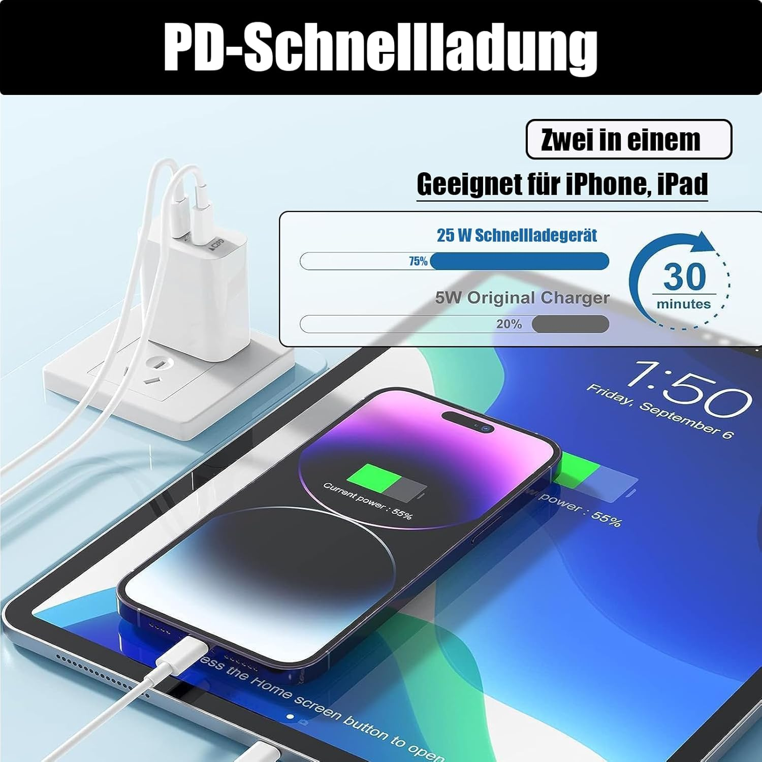 Tablet, das mit einem 25-W-Ladegerät geladen wird und den Akkustand anzeigt.