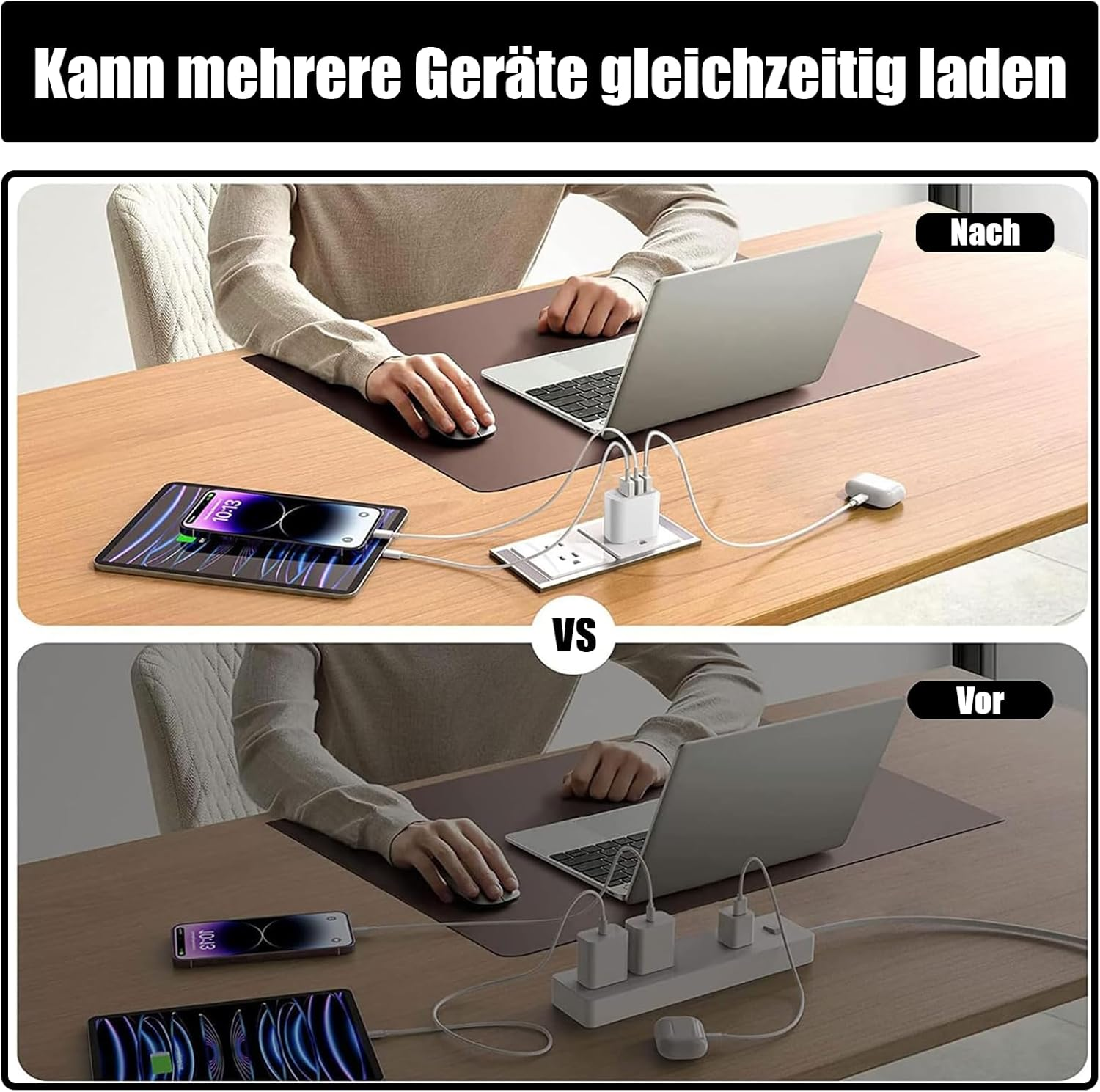 Zwei Tische mit Geräten. Einer mit Laden, der andere mit einem Kabelsalat.
