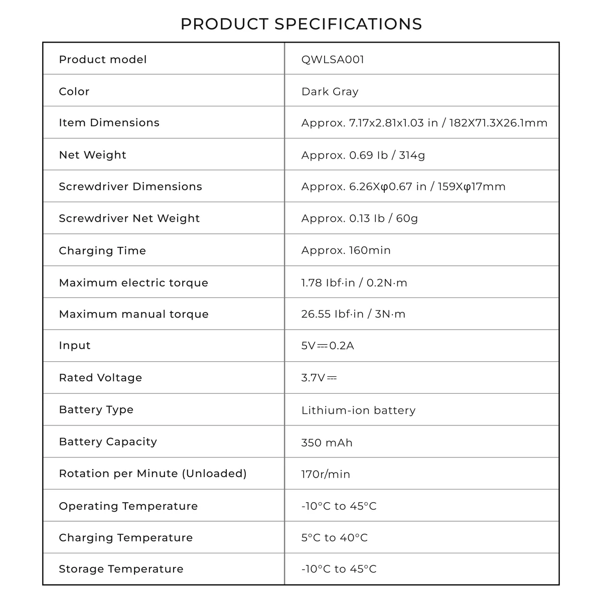 Tabella delle specifiche del prodotto. Include: Modello del prodotto, Colore, Dimensioni, Peso, ecc.