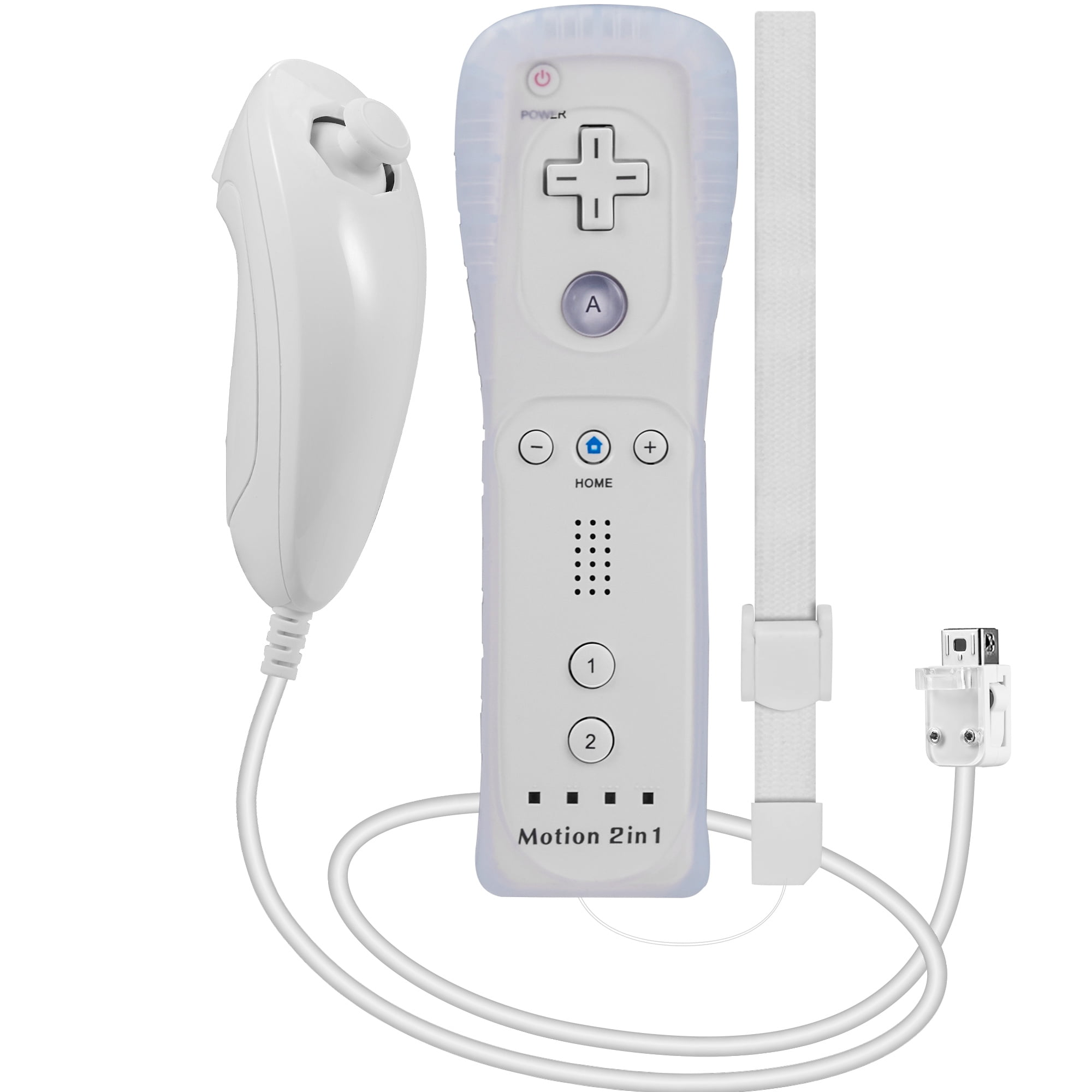 Weiße Wii-Fernbedienung und Nunchuk, verbunden durch ein Kabel. Weißer Gurt.