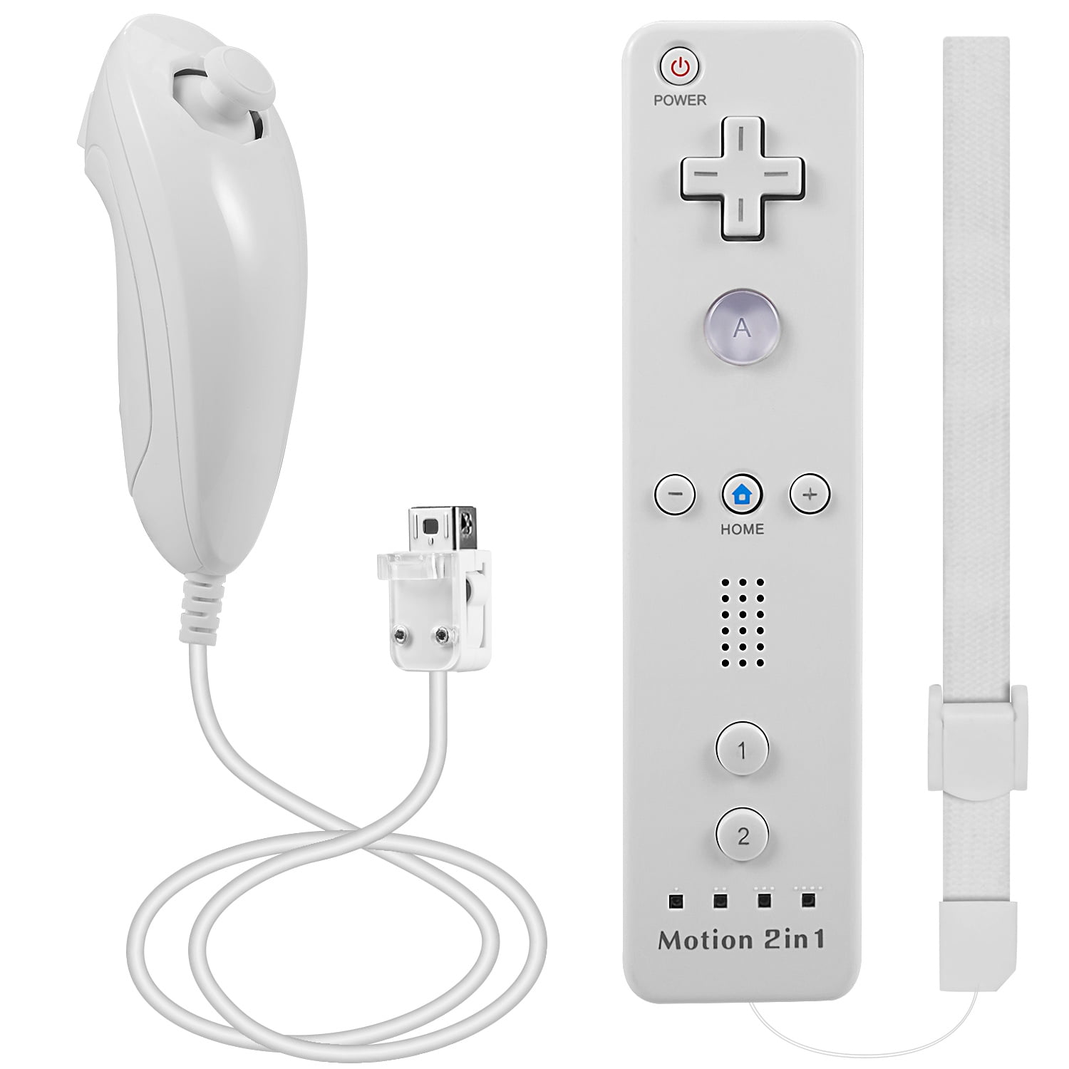 Eine weiße Nintendo Wii-Fernbedienung und ein Nunchuk-Controller auf weißem Hintergrund.