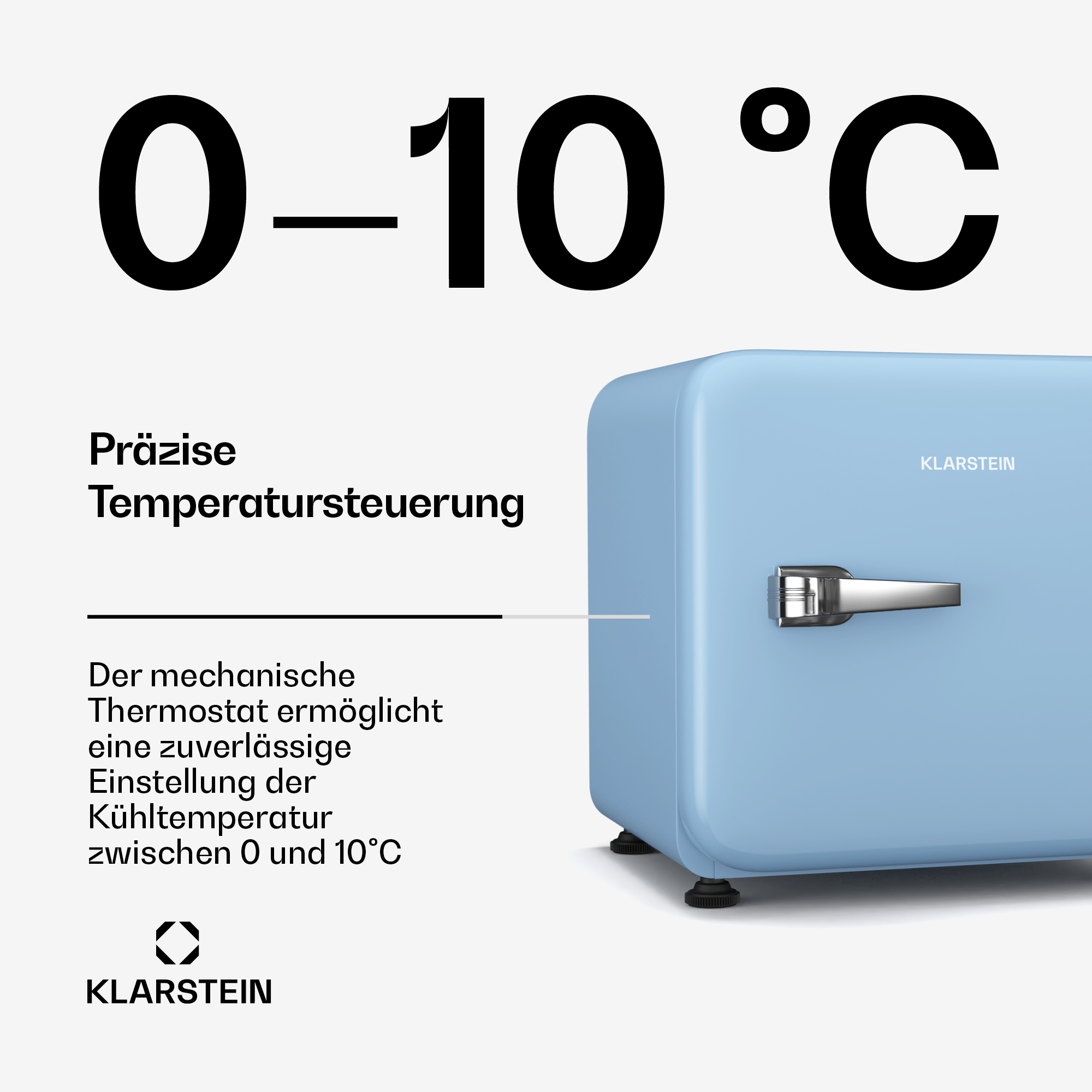 Mini-nevera azul con rango de temperatura 0-10°C. El texto dice 'Präzise Temperatursteuerung'.