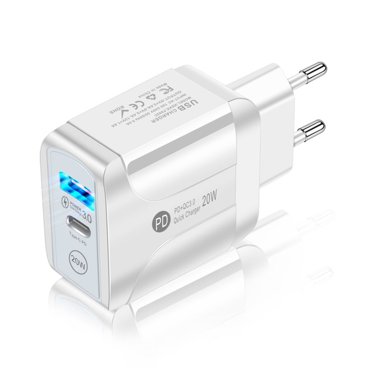 Weißes USB-Ladegerät mit blauem Licht. Verfügt über einen Typ-C-Anschluss und 20W Schnellladung.