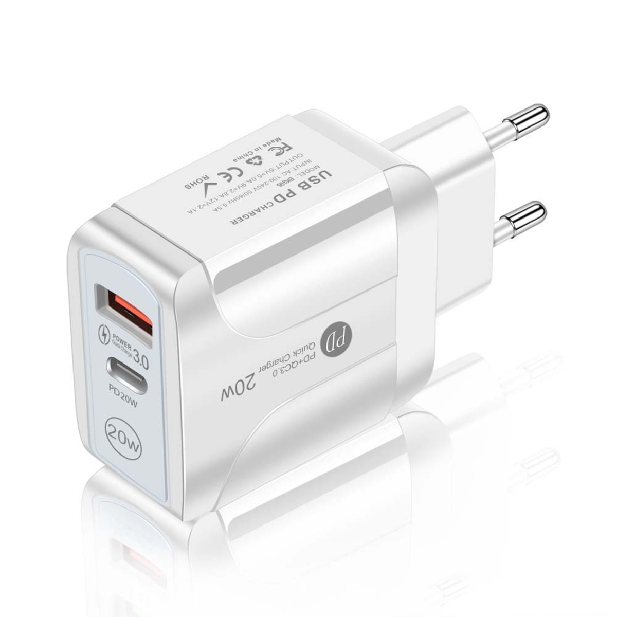 Weißes USB-Ladegerät mit 20W Leistung und Power 3.0. Es hat zwei Stifte zum Einstecken.