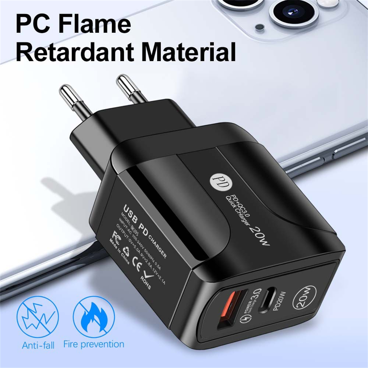 Schwarzes USB-Ladegerät mit zwei Stiften. Text: USB PD CHARGER. PD Quick Charger 20W.