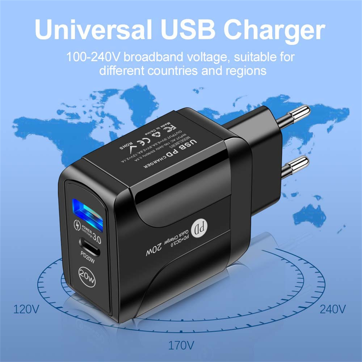 Schwarzes USB-Ladegerät mit blauem Licht, Steckern und Text 'Universal USB Charger' und Weltkarte im Hintergrund.