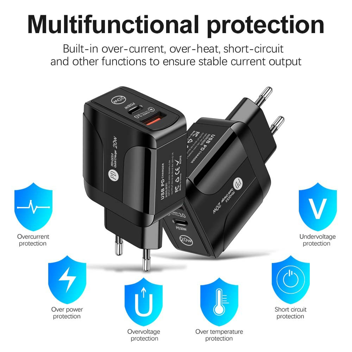 Schwarze USB-Ladegeräte mit Symbolen, die Schutzfunktionen anzeigen.