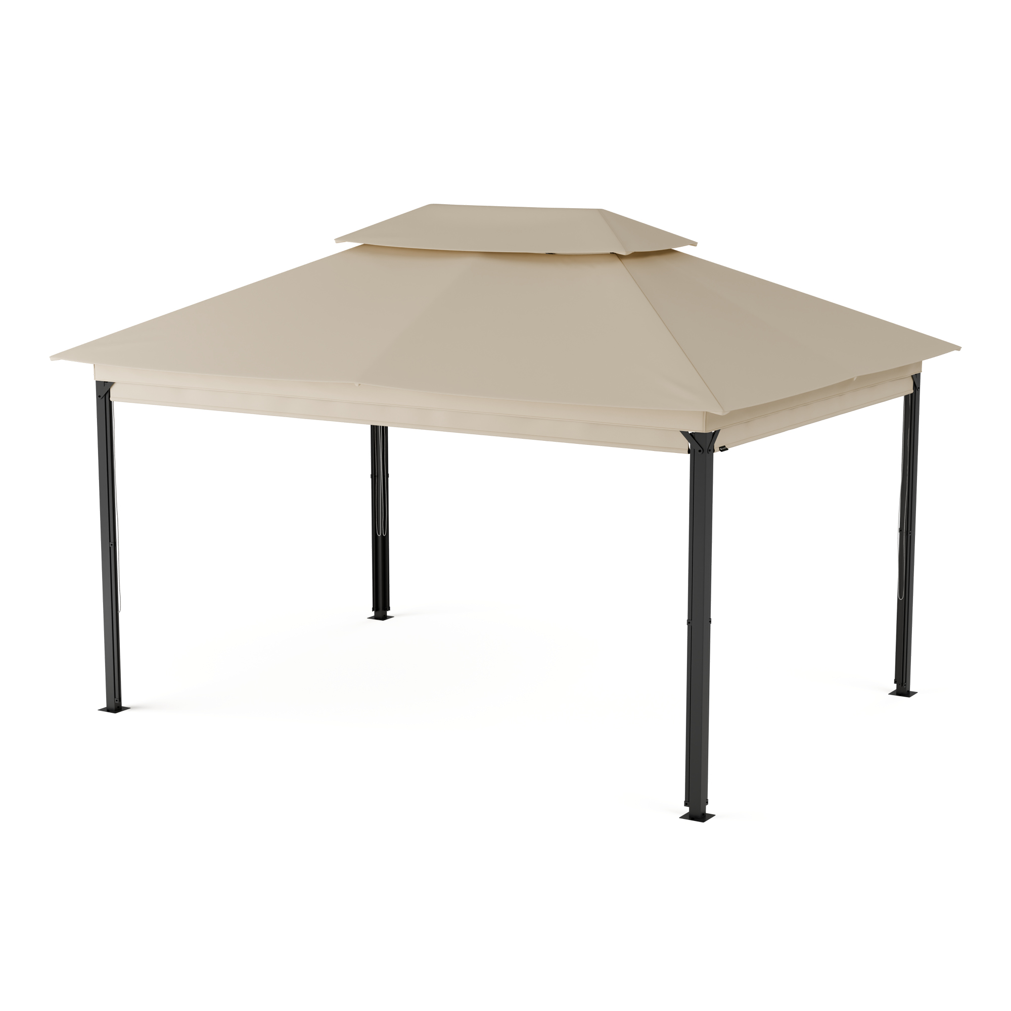 Gazebo beige con pali neri, visto da un'angolazione bassa, su sfondo bianco.