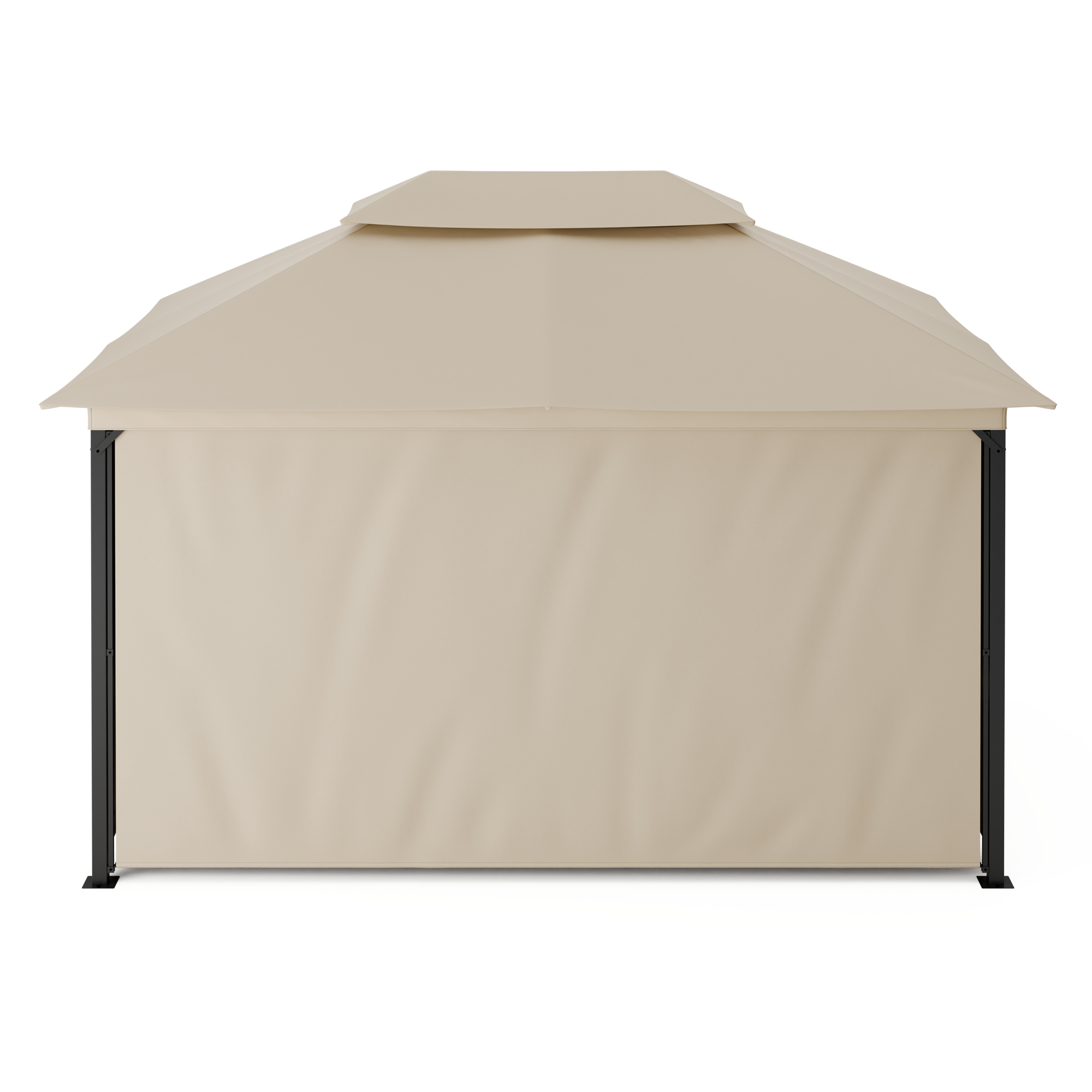Un gazebo beige con supporti neri. È vuoto, su sfondo bianco.