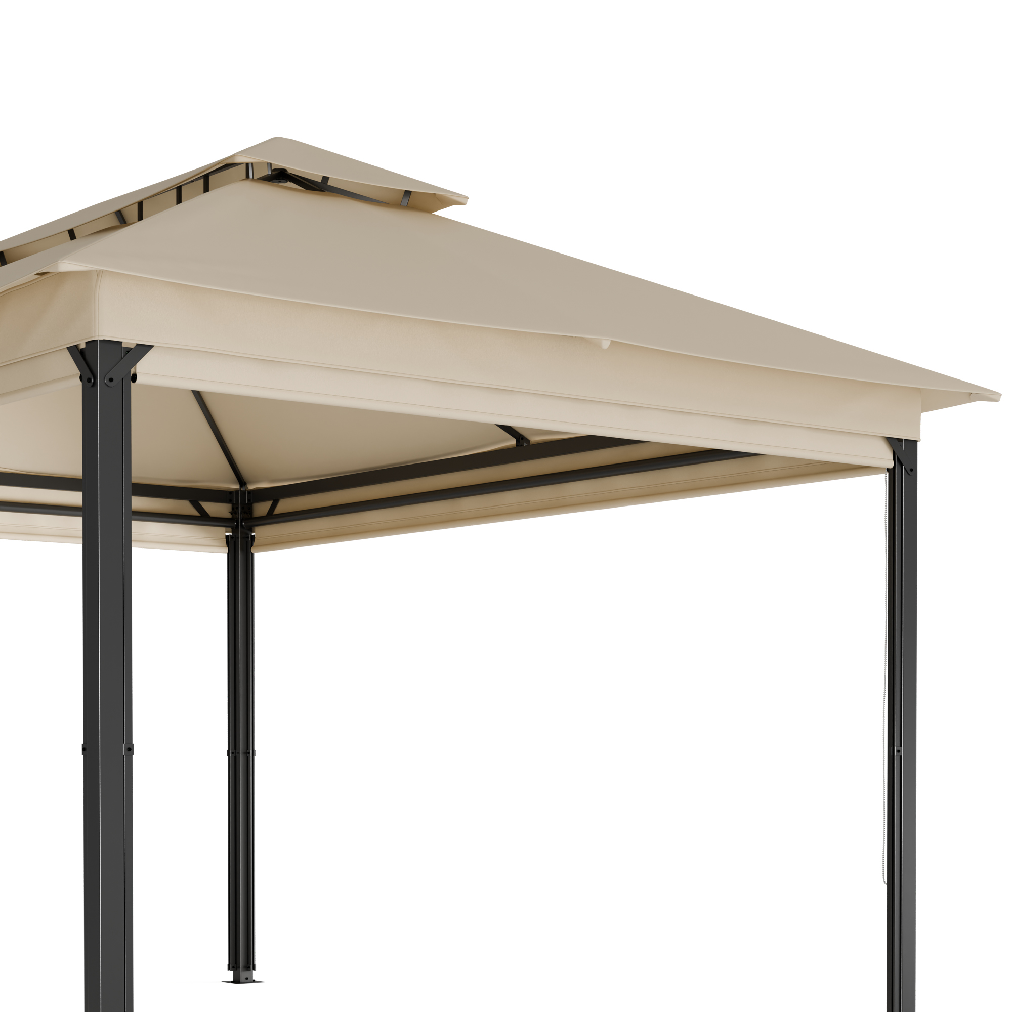 Tetto gazebo beige e struttura in metallo nero, vista dall'alto. Sfondo bianco.