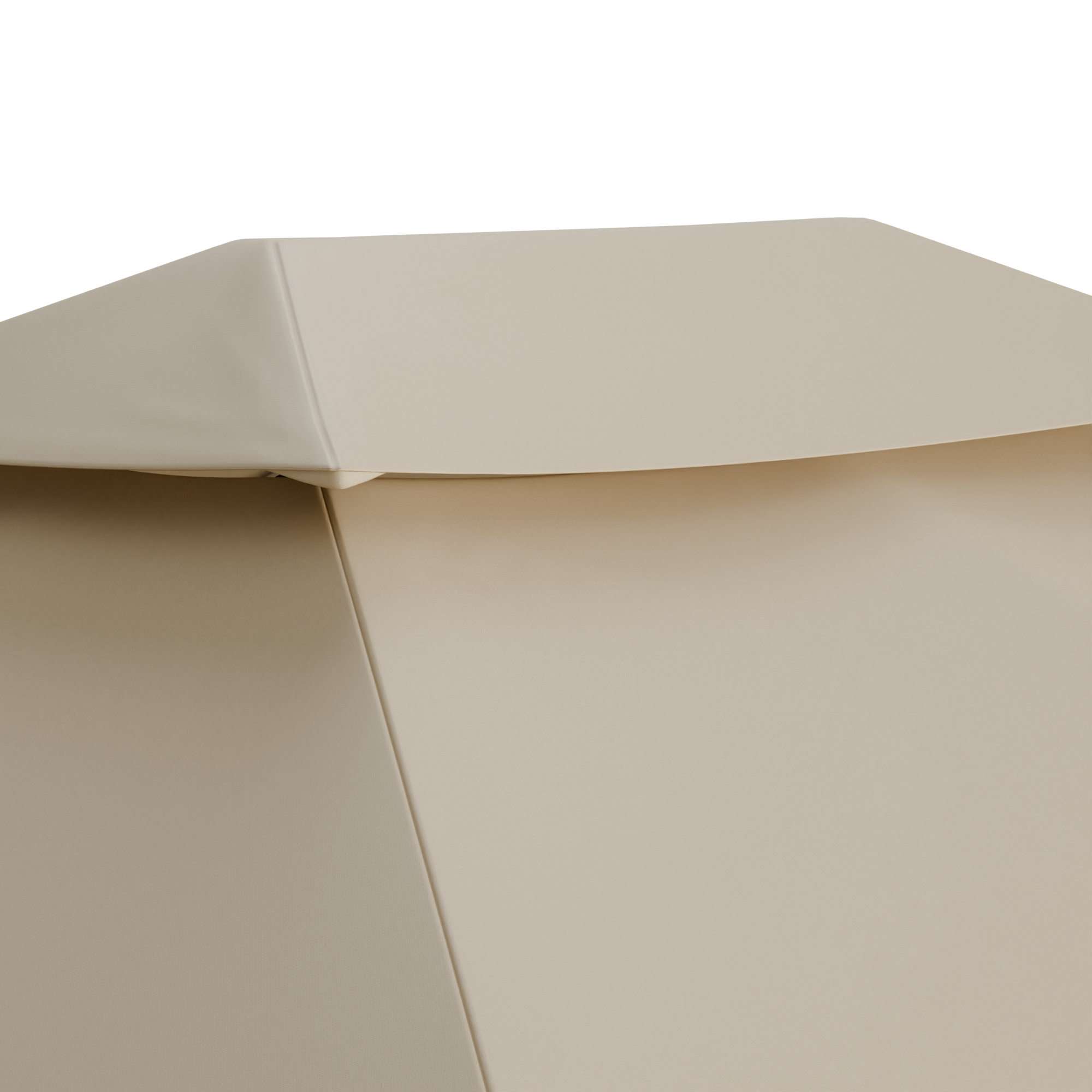 Primo piano dell'angolo di una tenda da sole bianca. L'angolo è beige e ha una forma leggermente angolata.