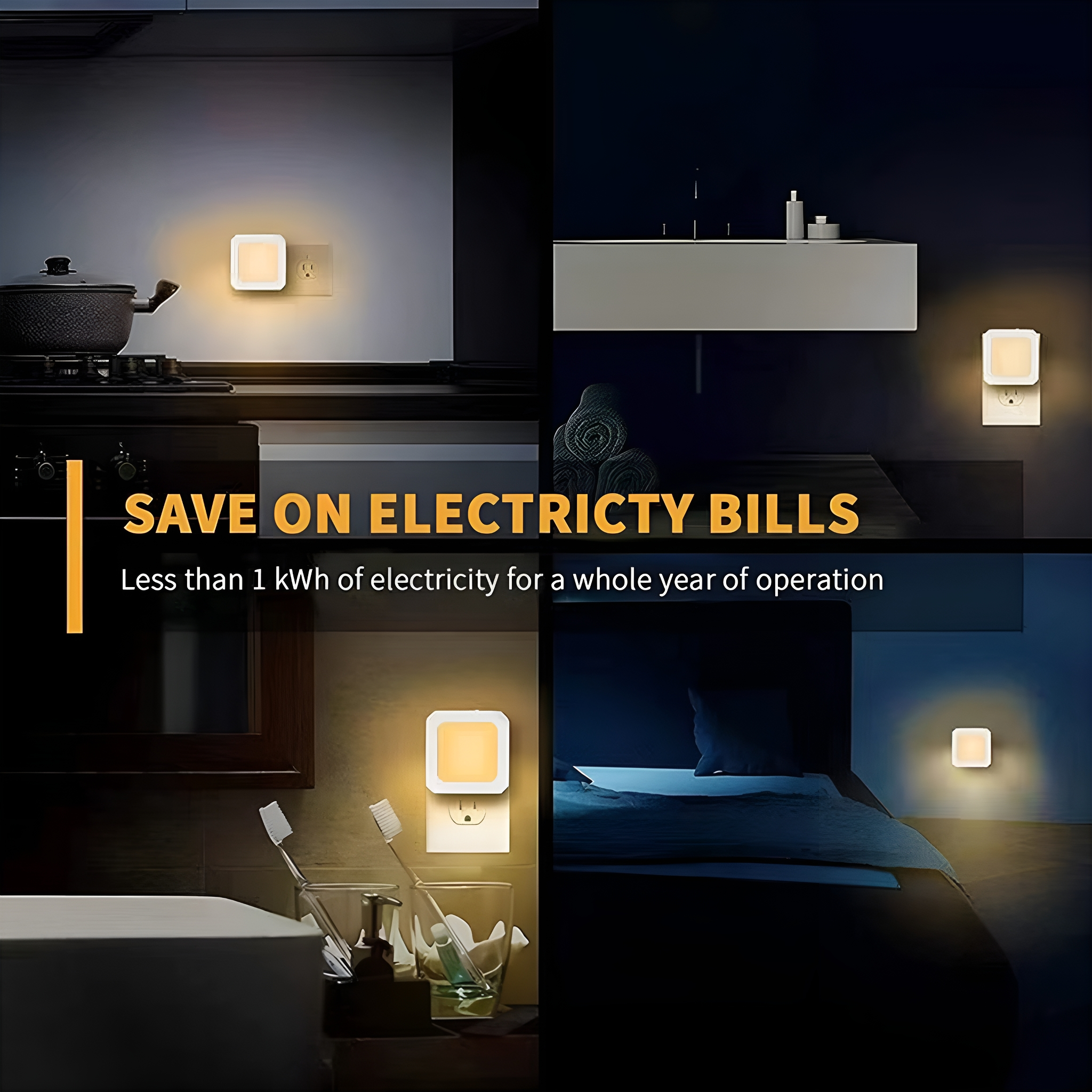 Vier an der Wand montierte Nachtlichter in verschiedenen Umgebungen, die Energieeinsparungen fördern, in einem dunklen Raum.