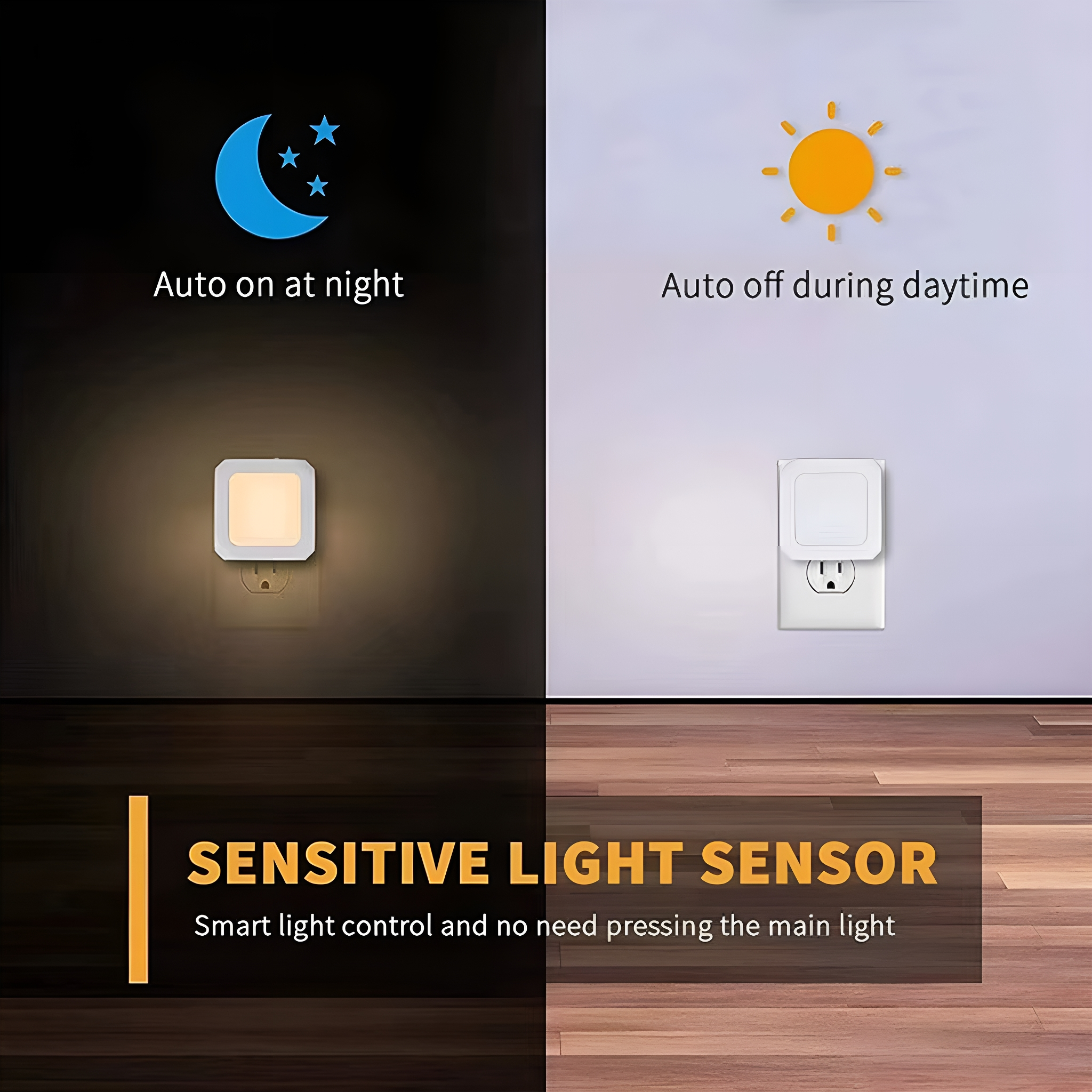 Lichtsensor zeigt automatisch ein in der Nacht und automatisch aus während des Tages. Text: Lichtsensor.