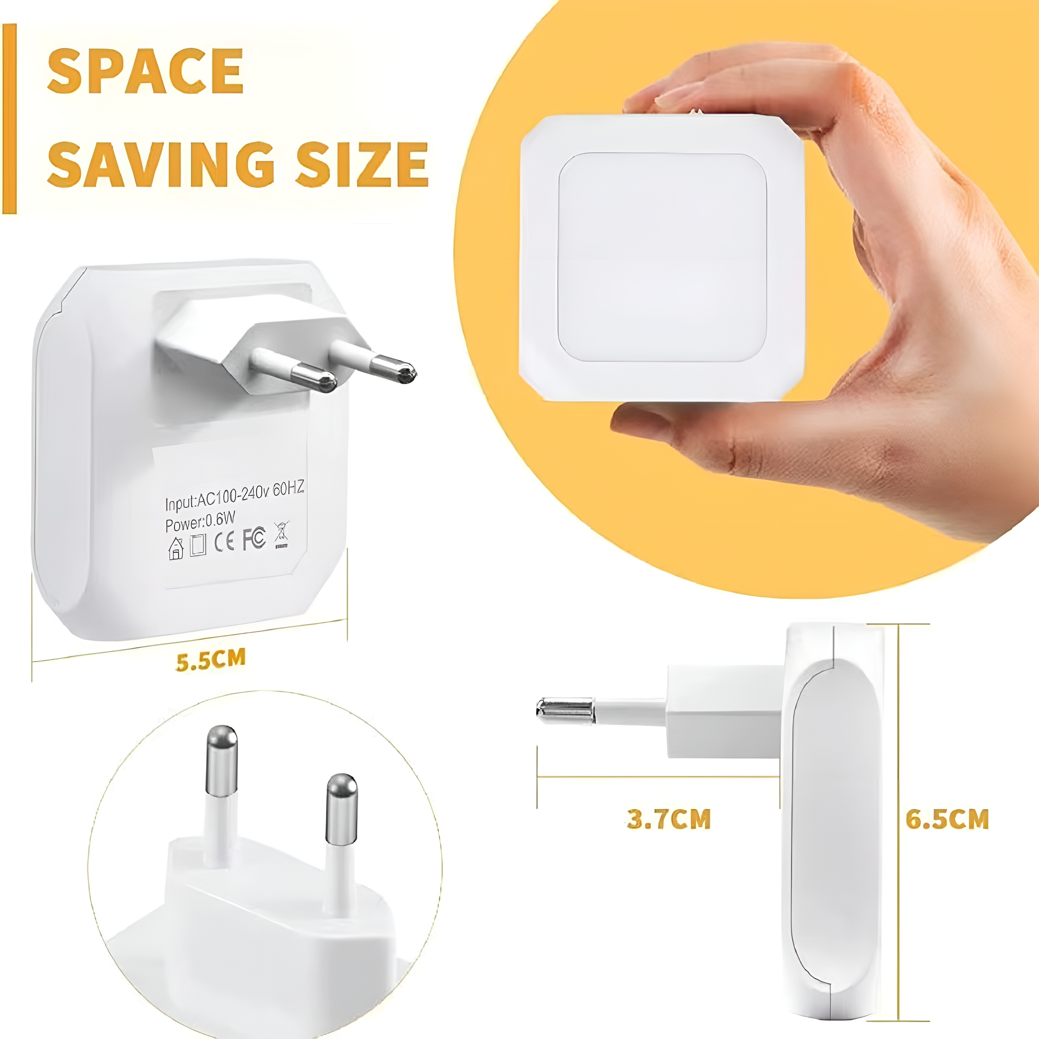 Weißes, quadratisches Ladegerät mit Beschriftung der Abmessungen. Stecker- und Seitenansicht.