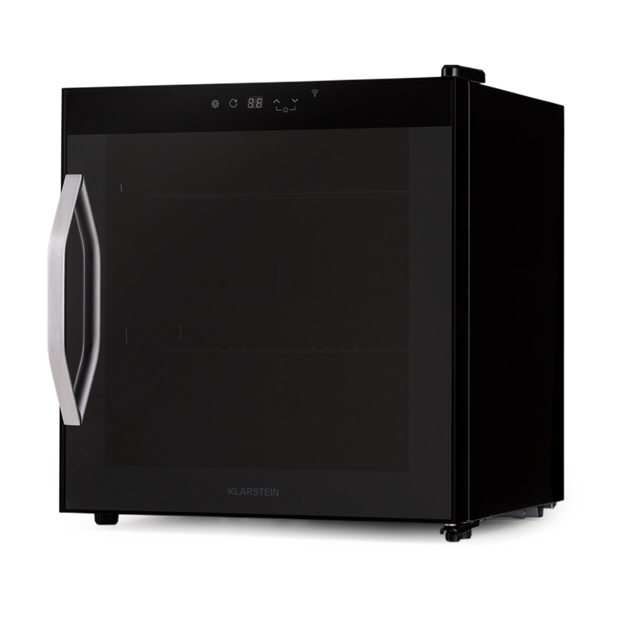 Mini frigo nero con porta a vetro e maniglia argentata.