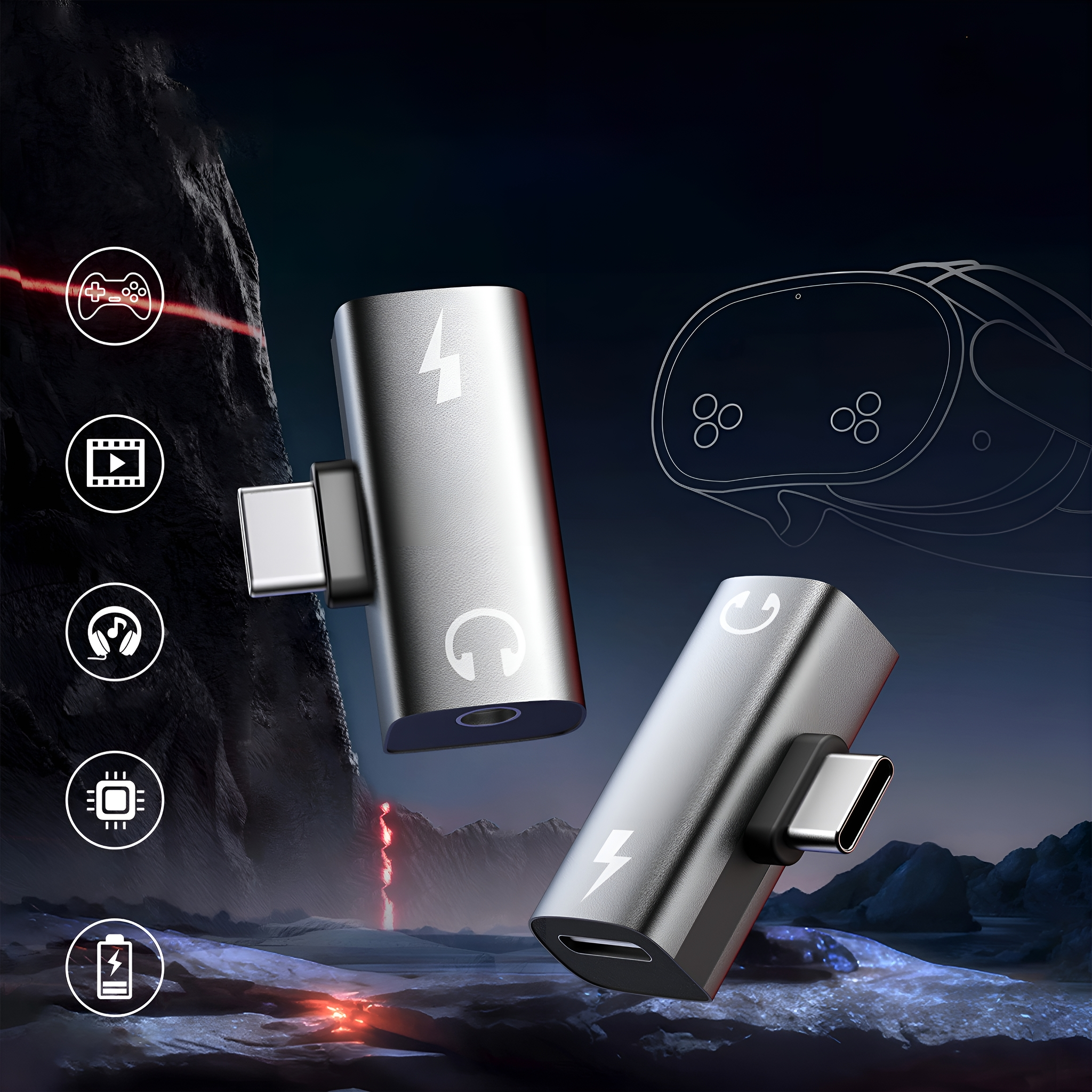 Silberner Audioadapter mit zwei Anschlüssen. Eine VR-Brille und ein Gamecontroller sind im Hintergrund.