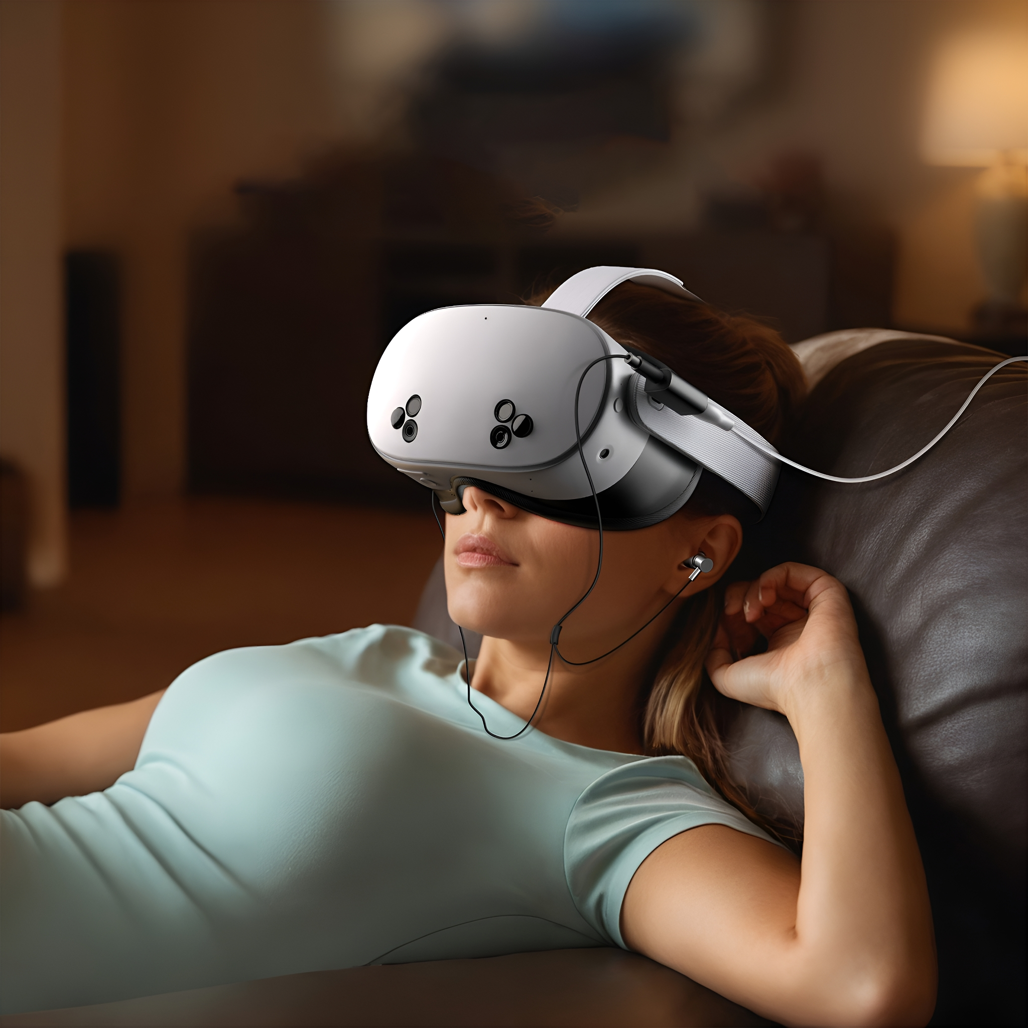 Eine Frau mit VR-Headset, die sich mit Kopfhörern auf einem Ledersofa zurücklehnt.