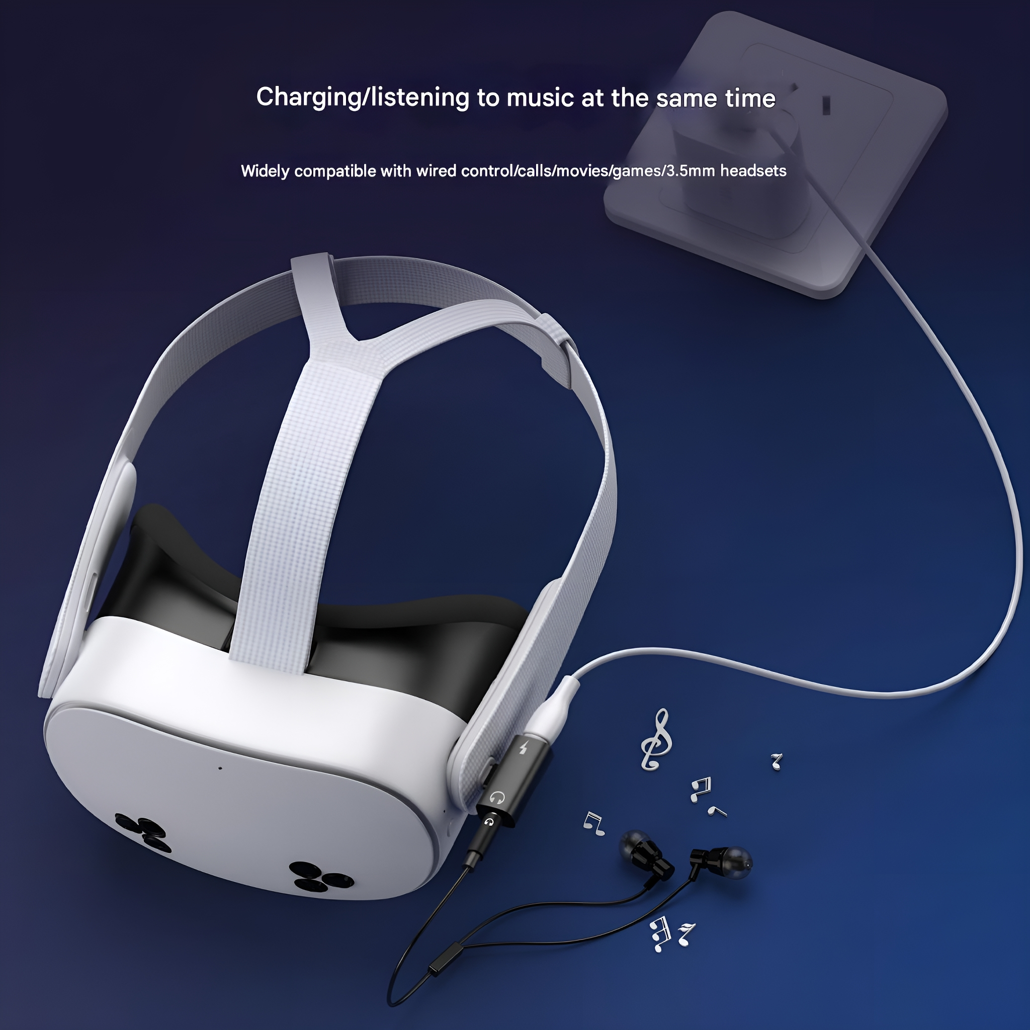 VR-Headset mit angeschlossenen Kopfhörern, Aufladen. Musiknoten schweben. Weißer und blauer Hintergrund.