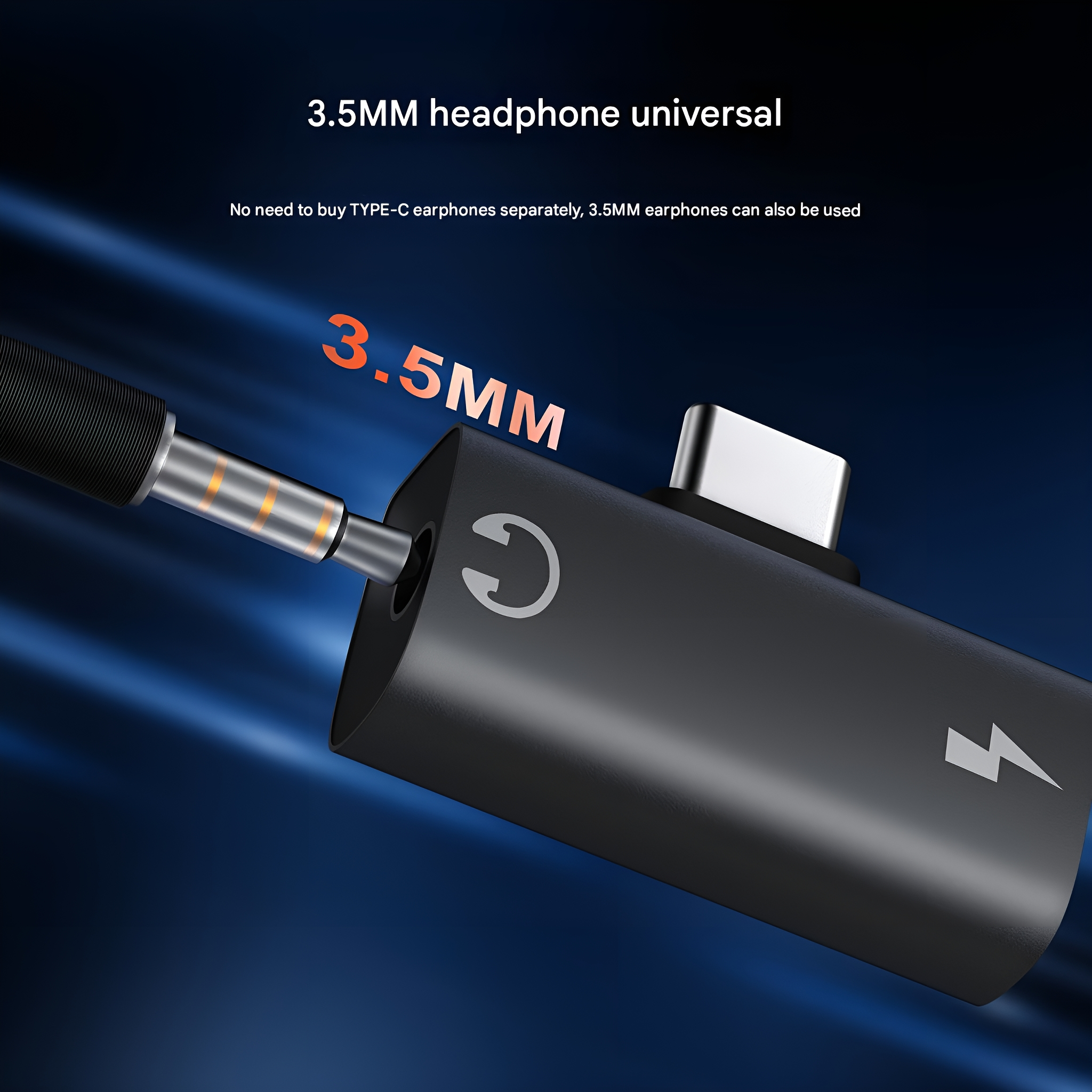 Schwarzer Adapter mit eingesteckter 3,5-mm-Klinke. Text: 3,5-mm-Kopfhörer universal.