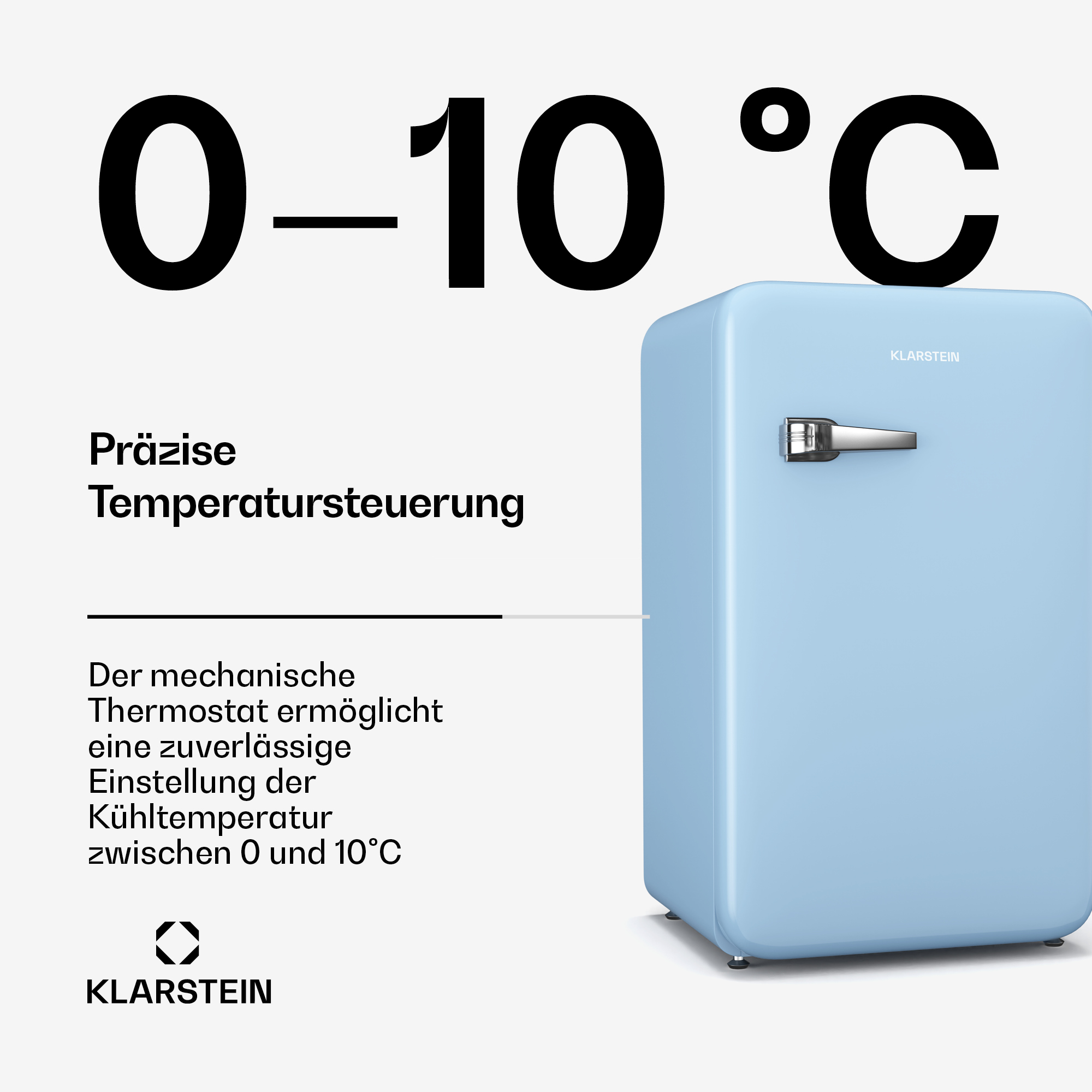 Ein kleiner blauer Kühlschrank. Text: Präzise Temperaturkontrolle. Temperaturbereich 0-10°C.