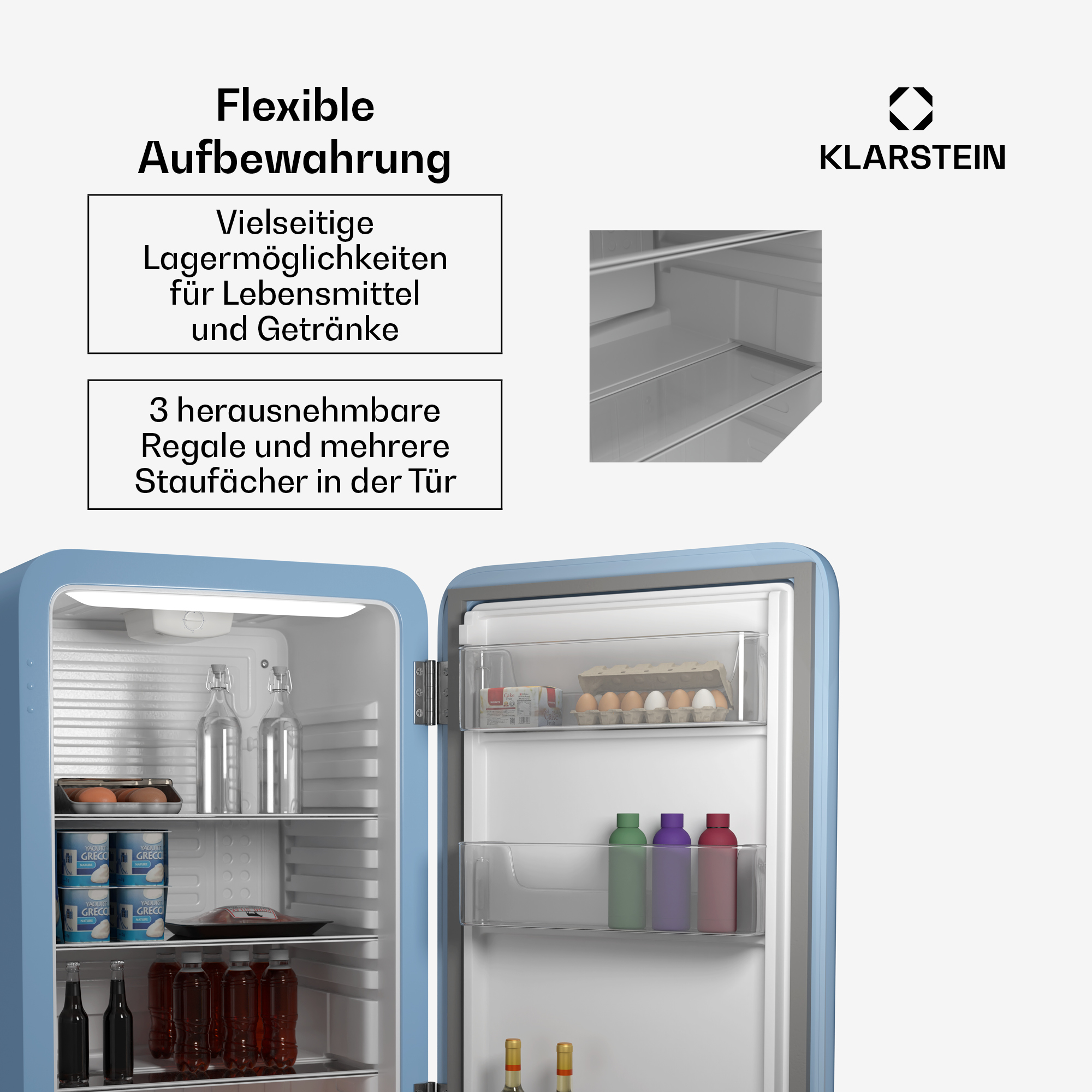 Ein blauer Retro-Kühlschrank mit offener Tür. Im Inneren sind Regale und Lebensmittel zu sehen.