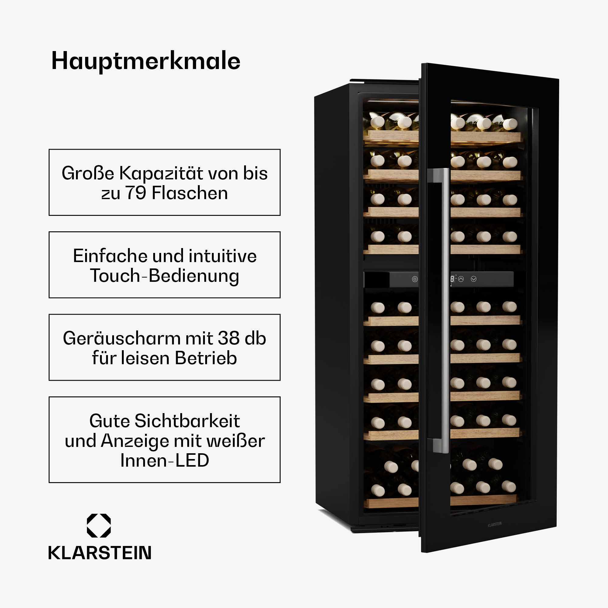 Schwarzer Weinkühlschrank mit offener Tür. Im Inneren befinden sich Flaschen und Holzregale. Text an der Seite.