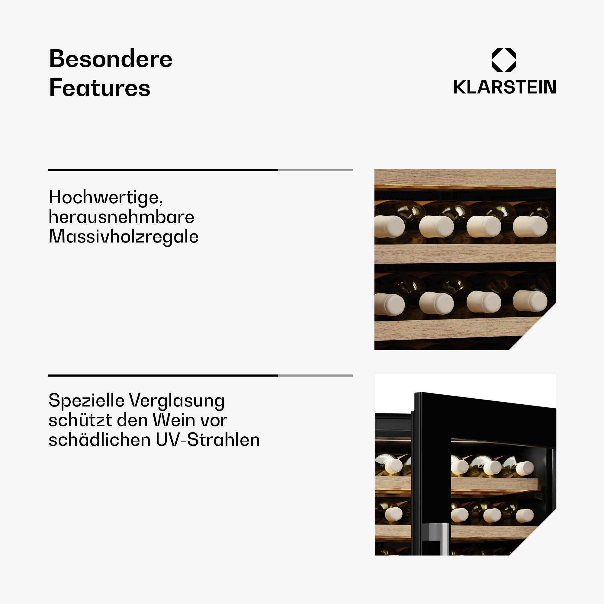 Weinkühler-Details. Holzregale, UV-Schutzglas und Holzdetails.