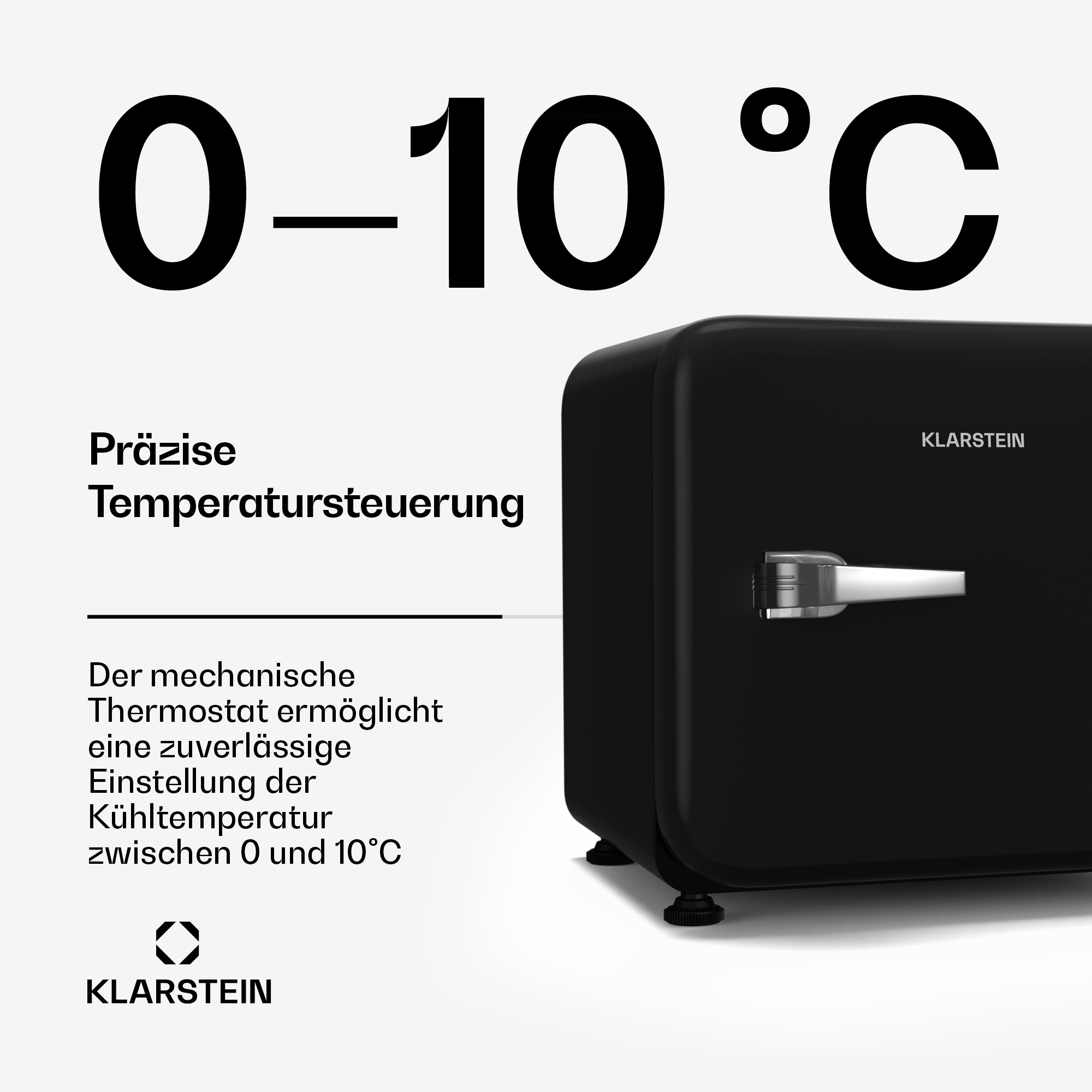 Un mini frigo nero con testo sul controllo della temperatura. Sfondo bianco.