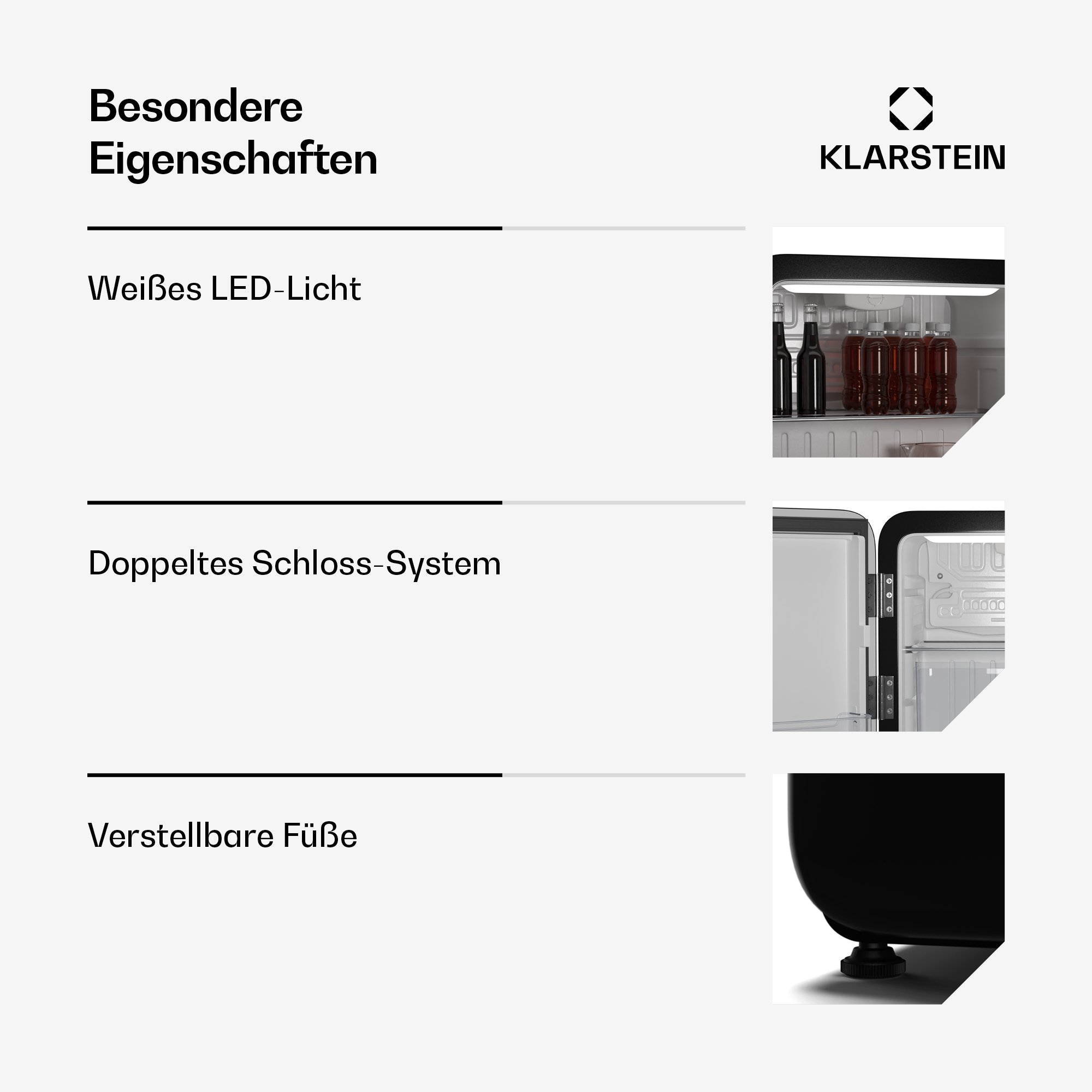 L'immagine mostra le caratteristiche di un mini frigo: luce LED bianca, sistema di doppia chiusura e piedini regolabili.