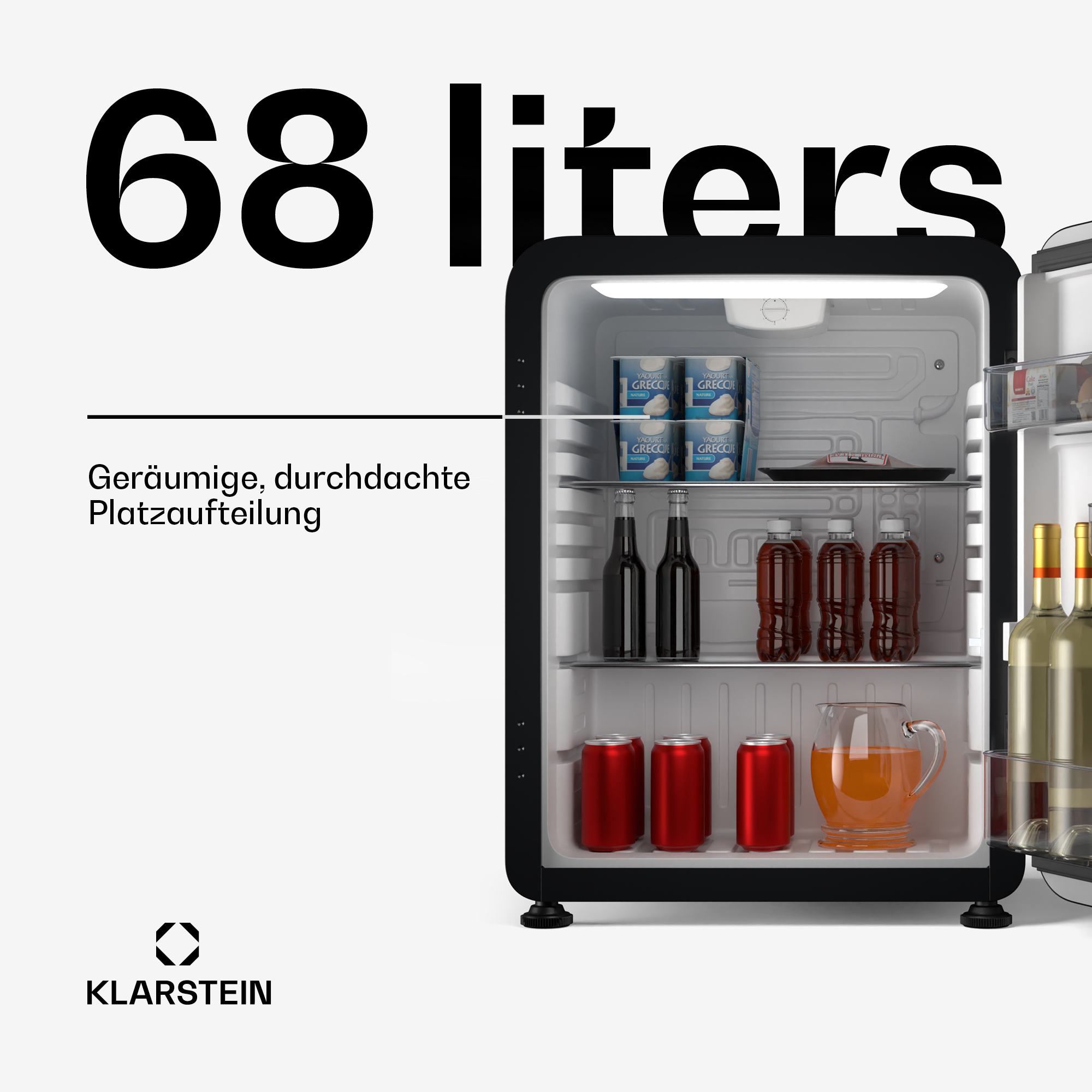 Schwarzer Mini-Kühlschrank mit offener Tür. Innen: Getränke, Essen, Text: '68 Liter'.