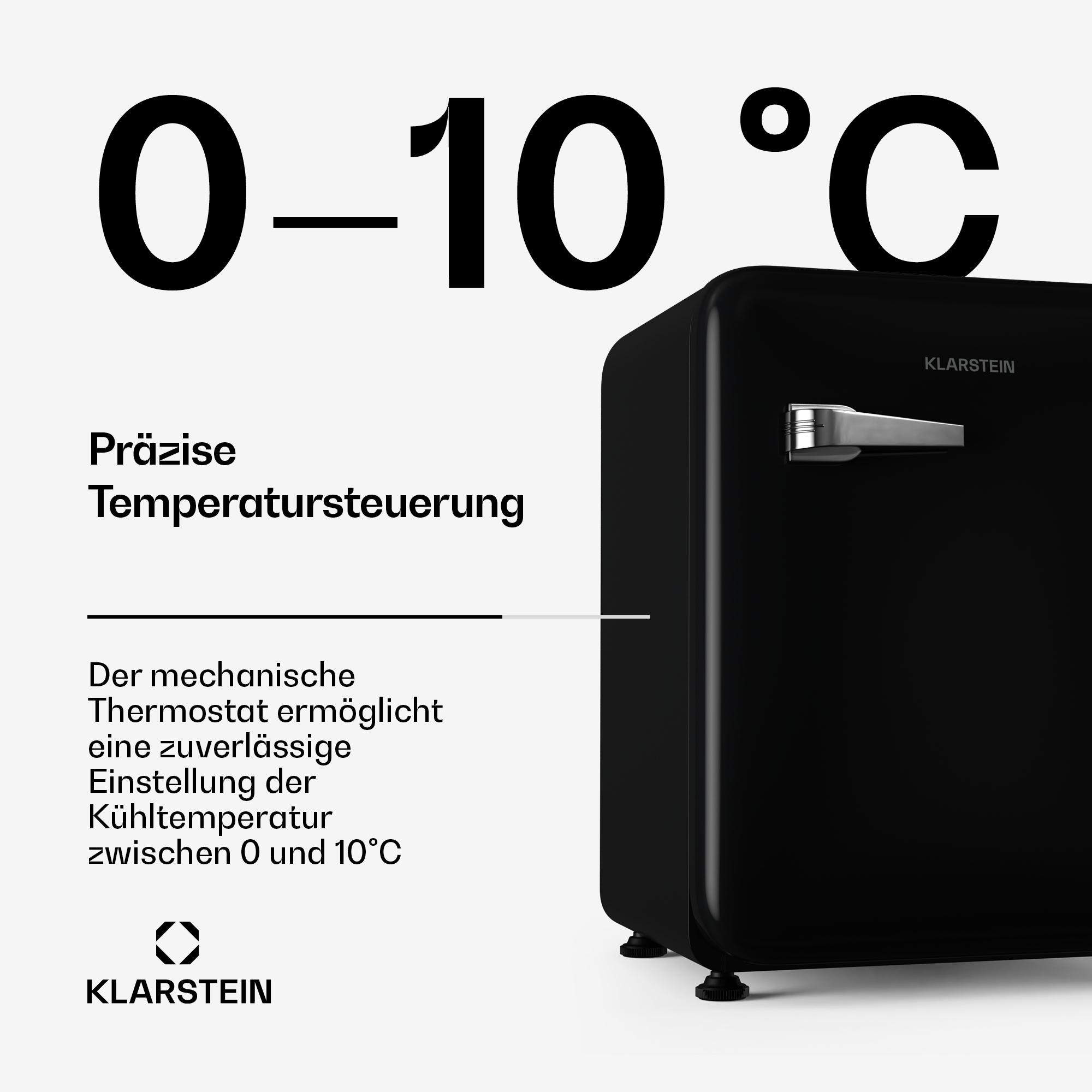 Schwarzer Minikühlschrank mit Text: 0-10°C. Text darunter: Präzise Temperaturregelung. Schwarzer Hintergrund.