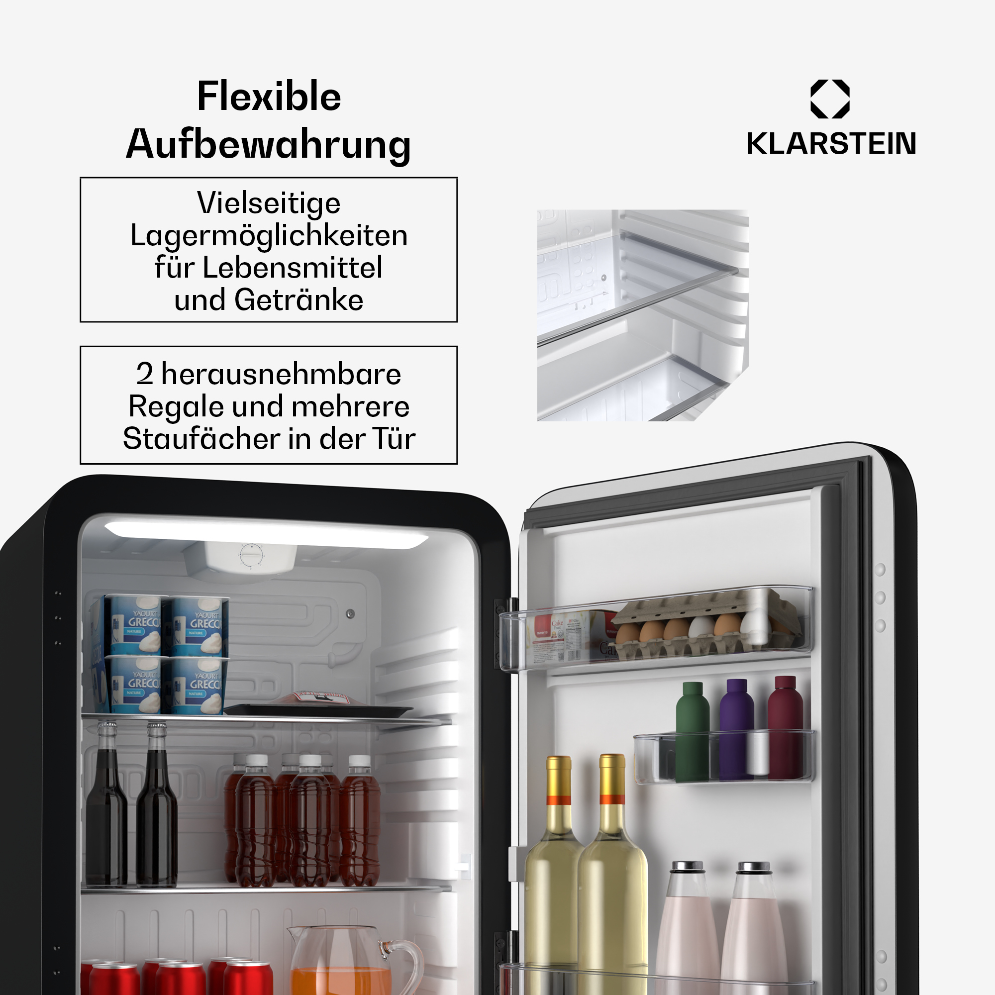 Kühlschrankinnenraum mit Regalen, Flaschen und Lebensmitteln.
