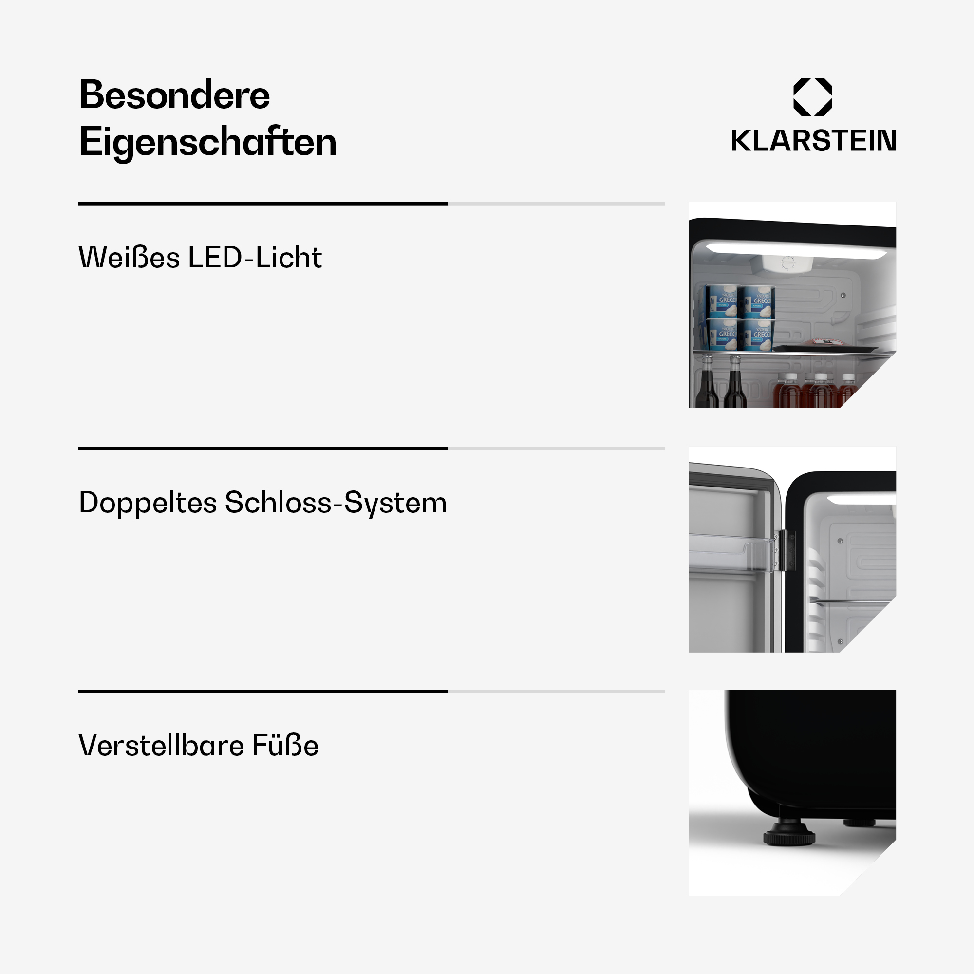 Ein Diagramm mit Text und Bildern. Zu den Merkmalen gehören weißes LED-Licht, ein Doppelschlosssystem und verstellbare Füße.