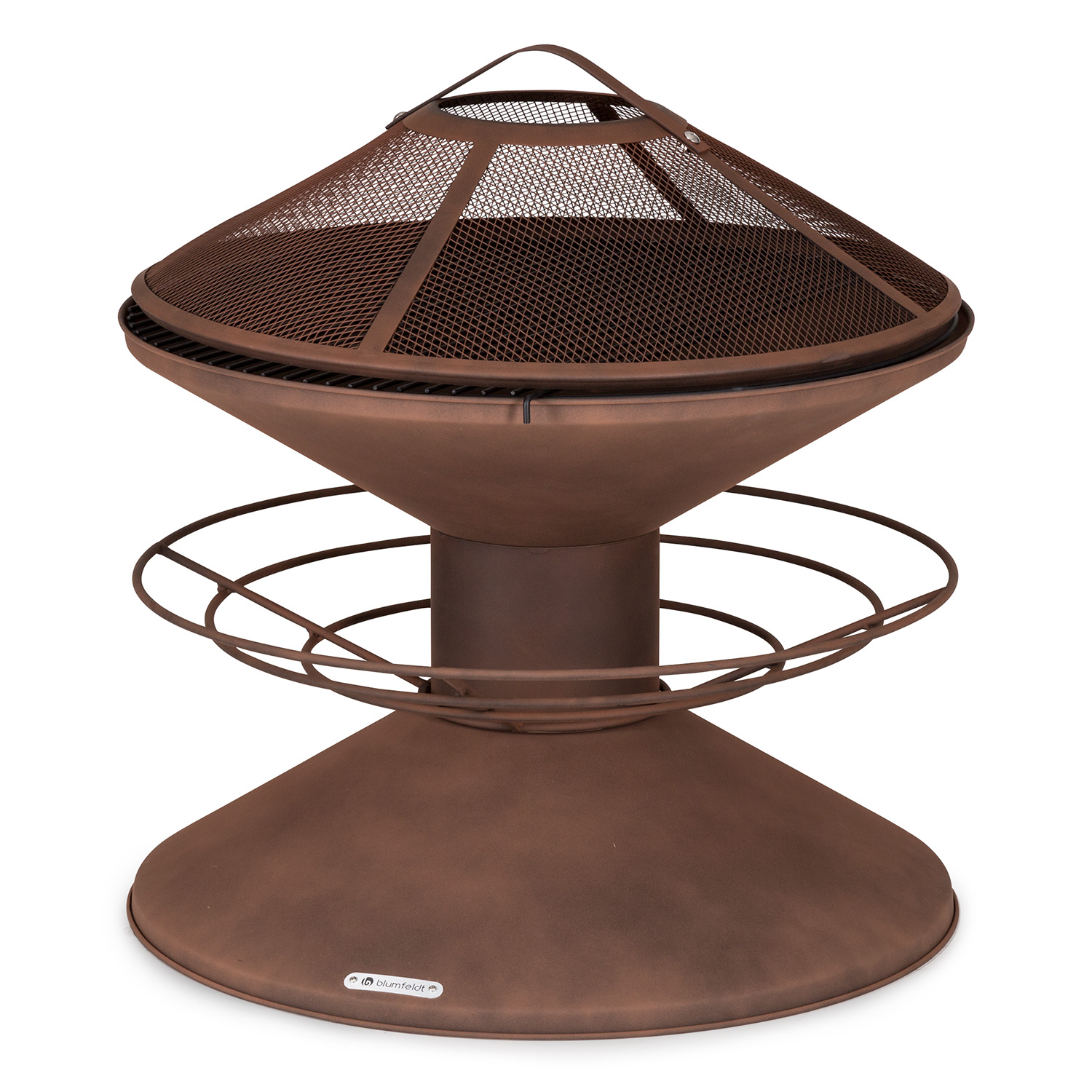 Braciere esterno in bronzo con parte superiore in rete e design conico.