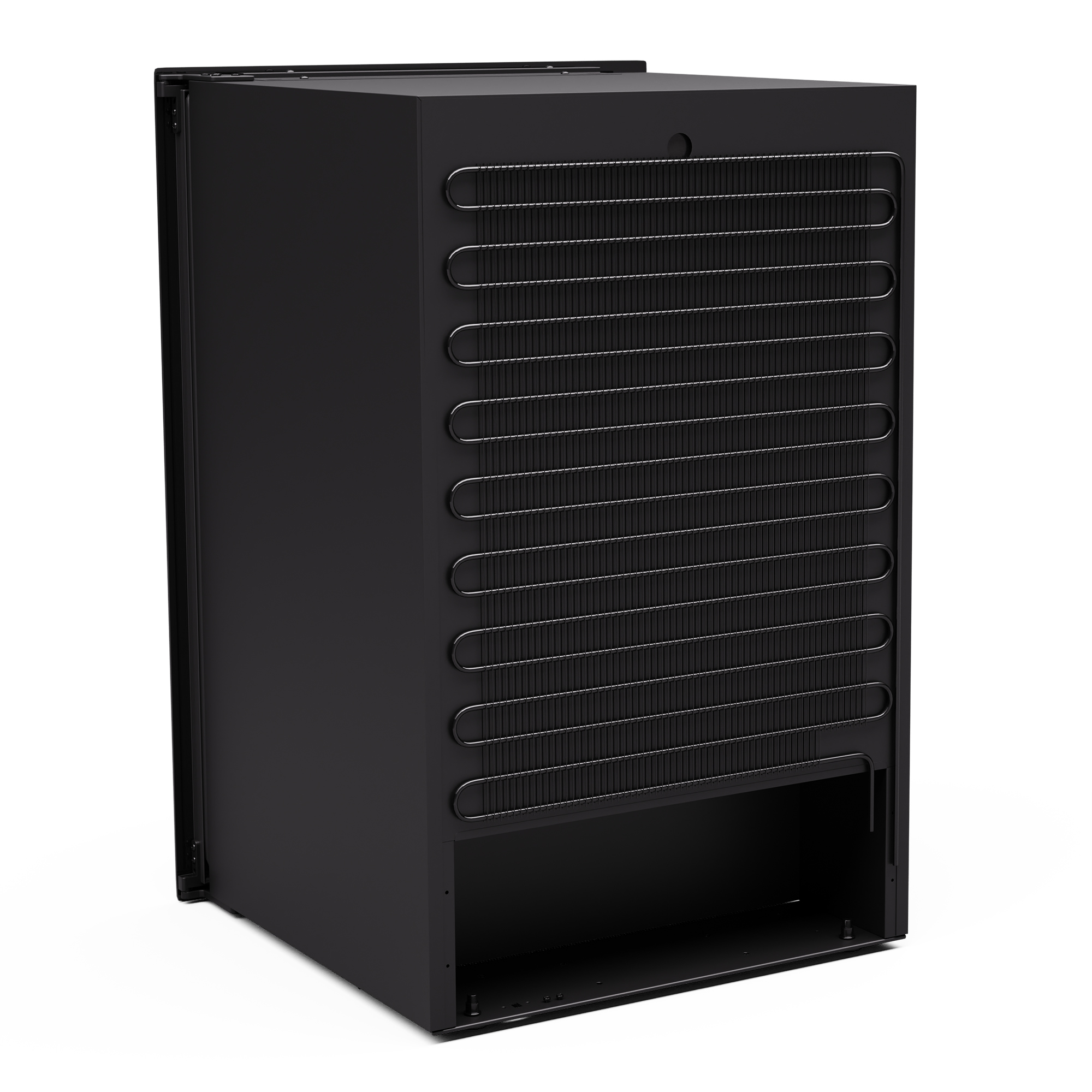 Retro del frigorifero nero. Presenta un esterno nero e una serie di serpentine di raffreddamento sul retro.