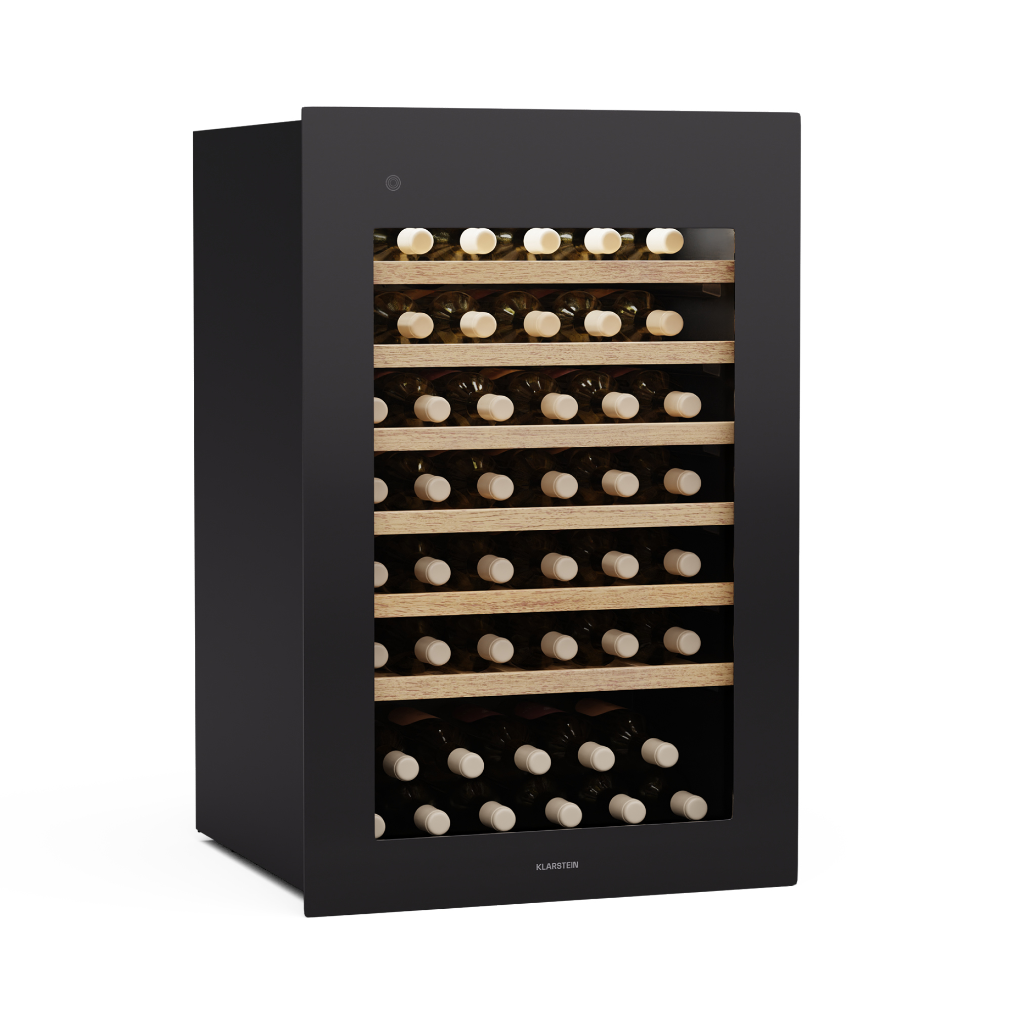 Cantinetta con bottiglie visibili attraverso una porta a vetri.