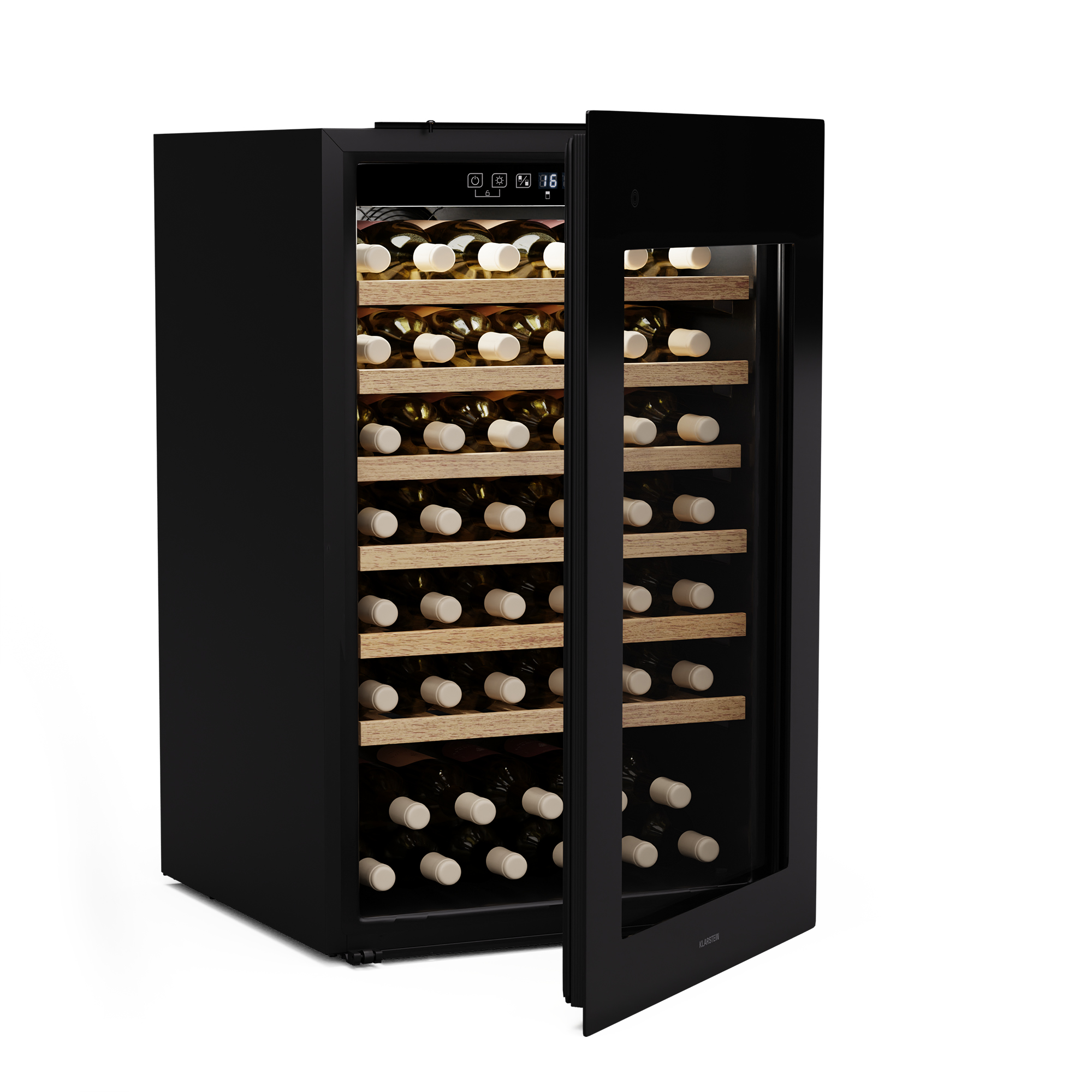 Cantinetta nera con porta a vetro aperta, mostra bottiglie di vino su ripiani in legno. Esterno nero.
