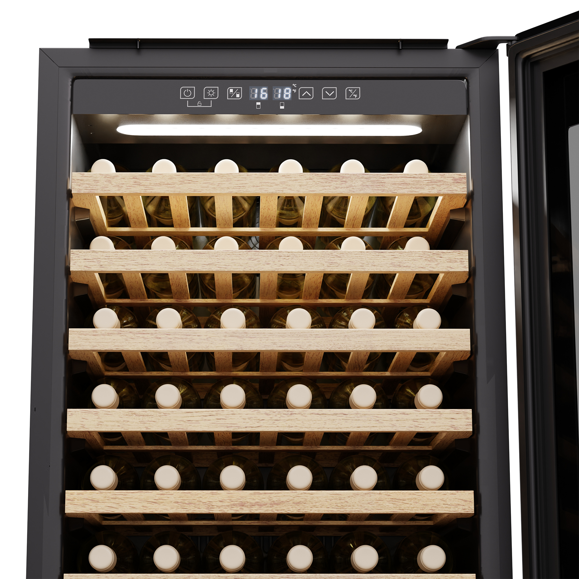 Interno di una cantinetta. Ripiani in legno con bottiglie di vino, con luci LED.