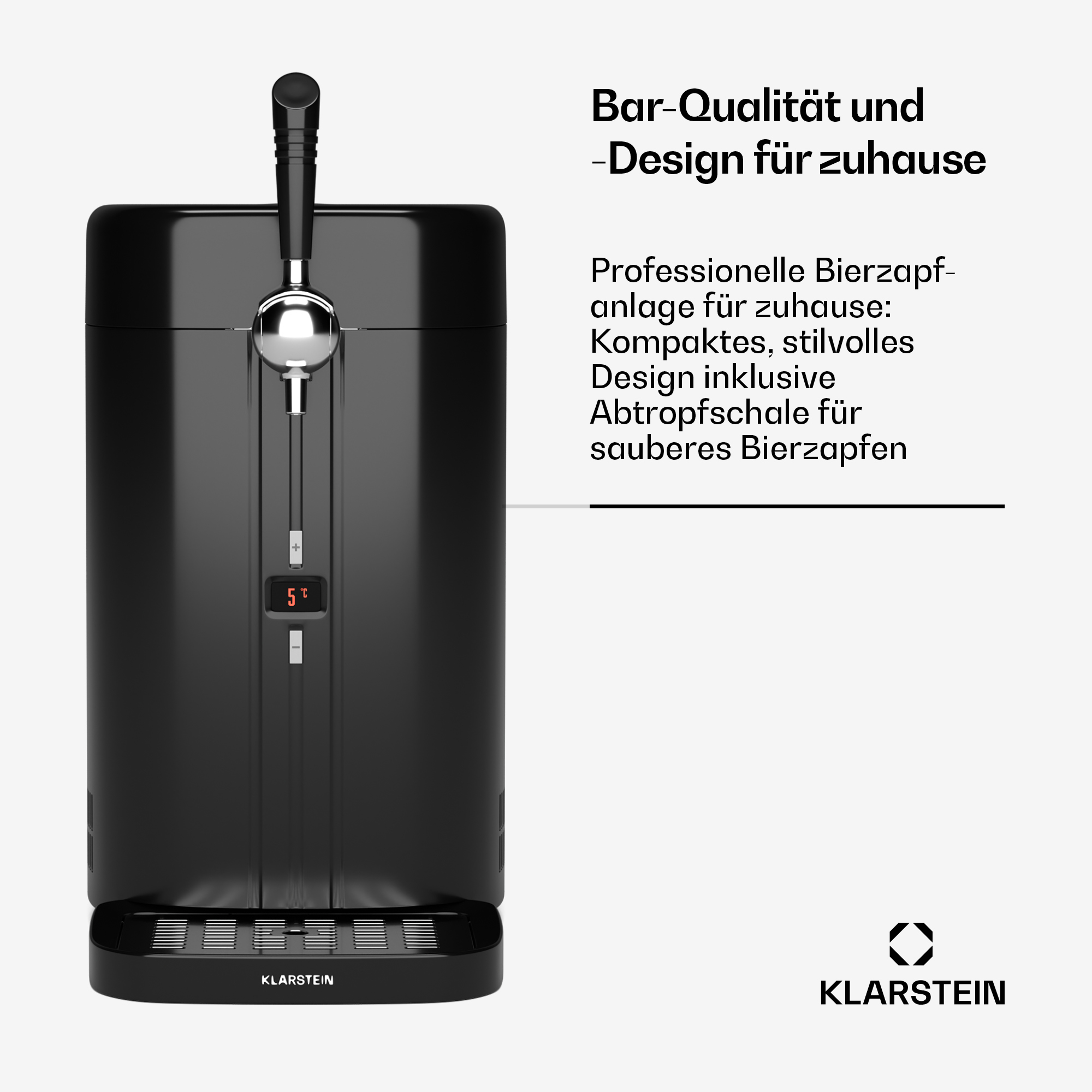 Un distributore di birra nero con display digitale e rubinetto, con testo e logo.