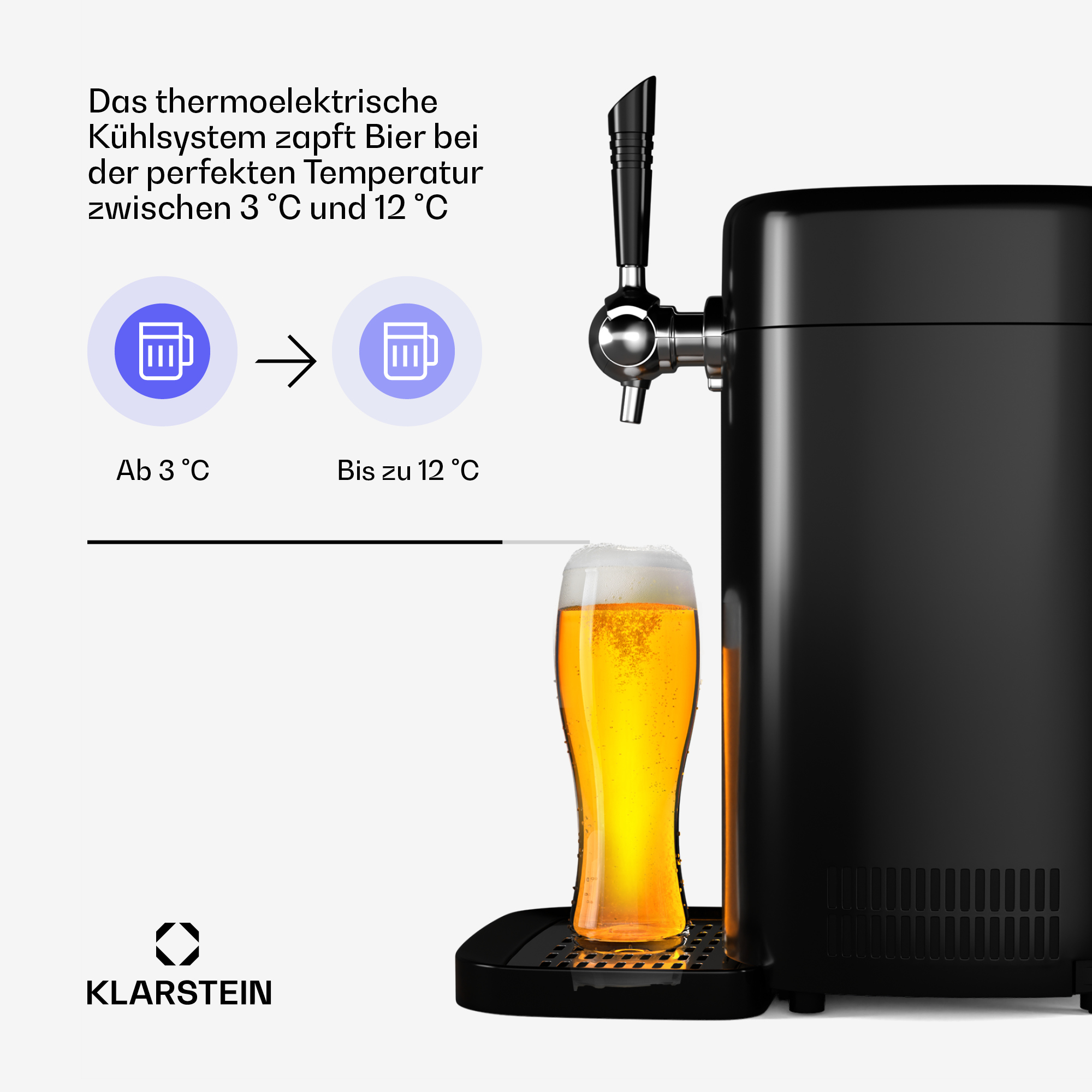 Un rubinetto per la birra con un bicchiere di birra, un refrigeratore nero con testo sul controllo della temperatura.