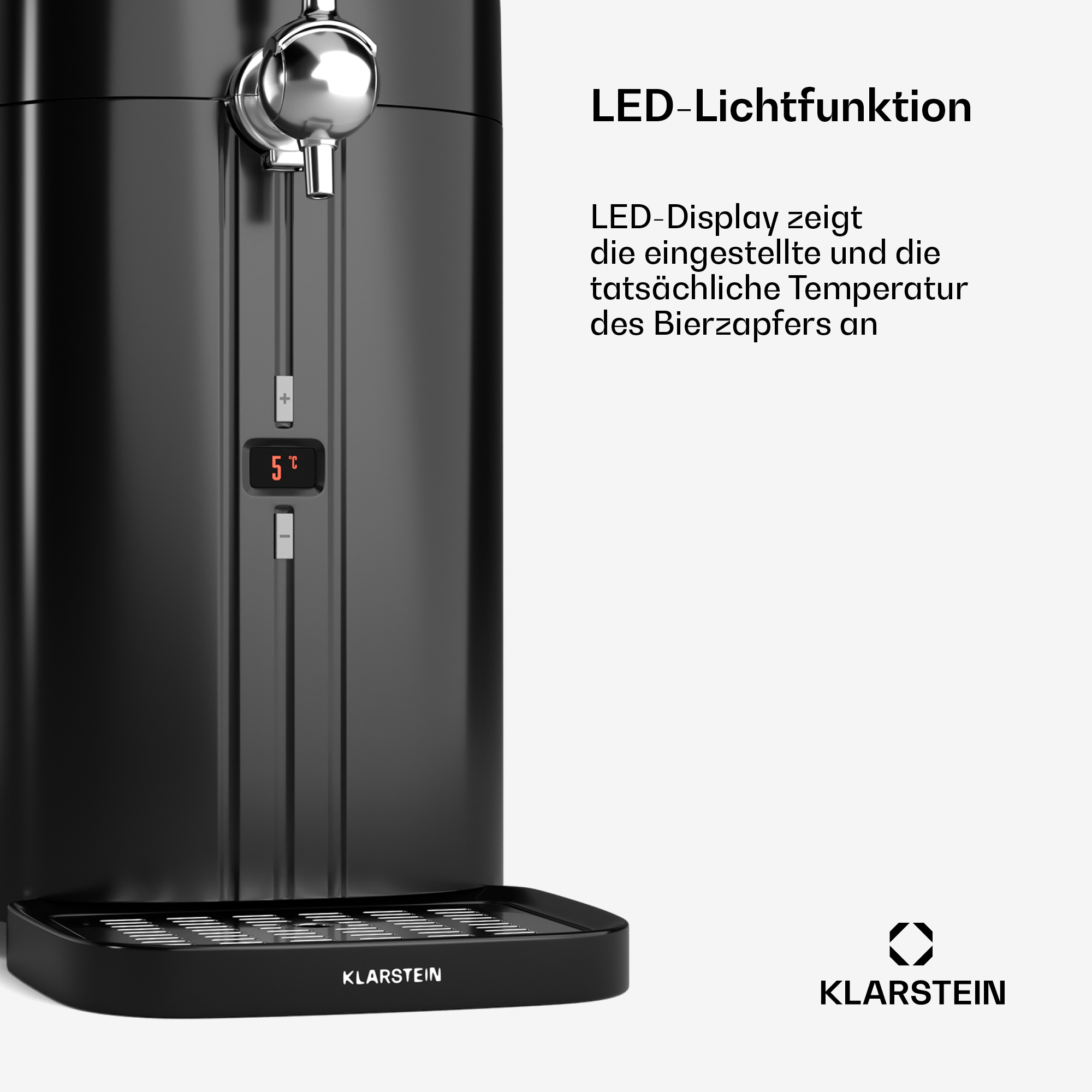 Un rubinetto per birra nero con display digitale. Il display mostra una temperatura. Lo sfondo è bianco.